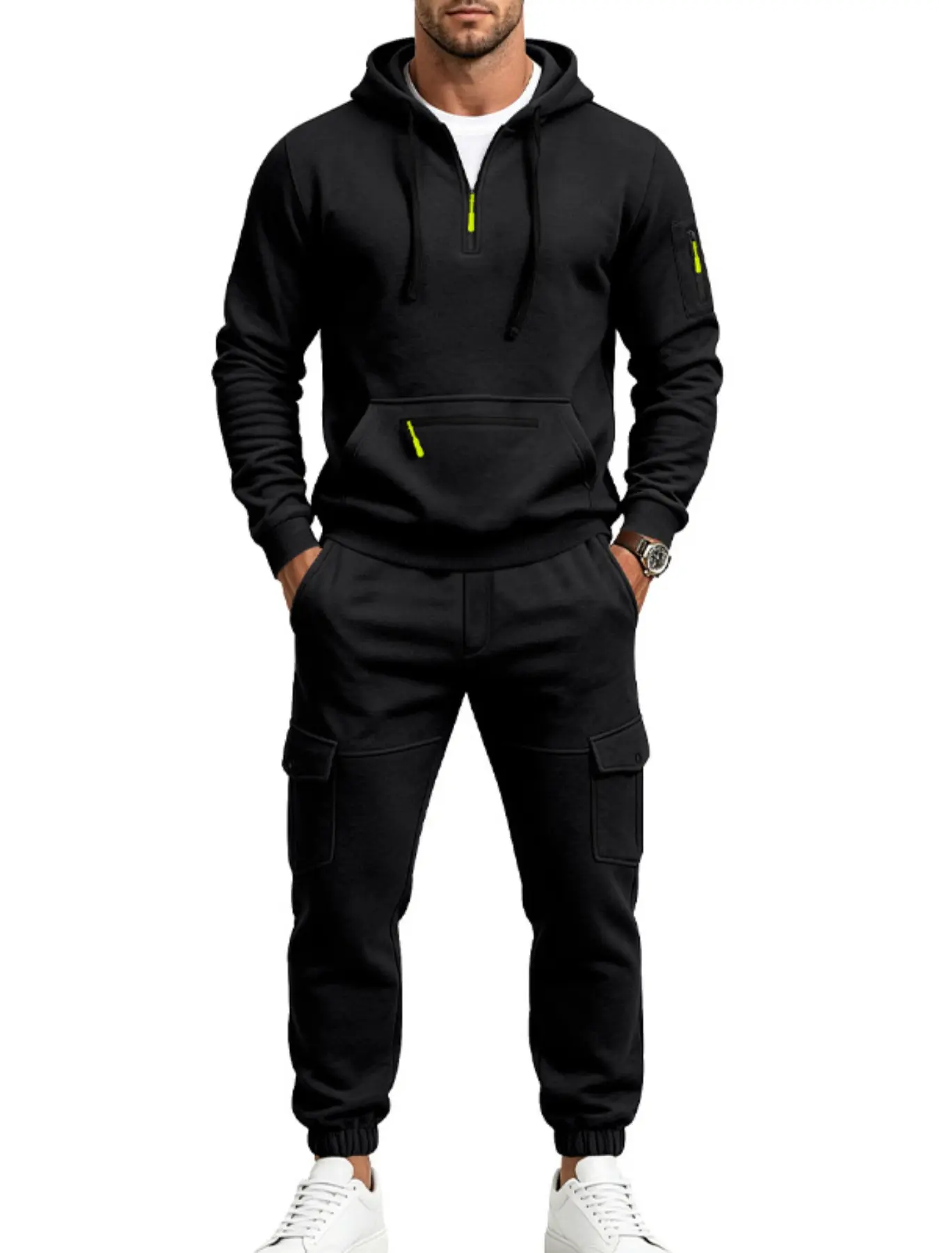 Men's half-zip hooded sweatshirt and cargo pants set - multi-pocketed ankle-closed casual sports outfit - loose and crisp fit - suitable for daily workouts and commuting