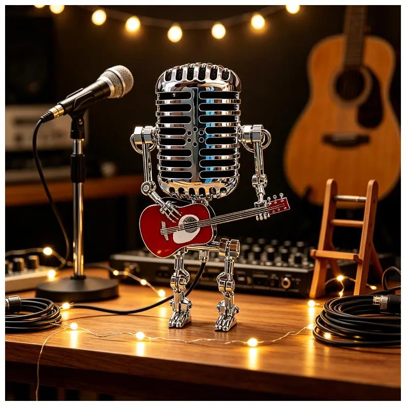 Vintage Microphone Robot Guitar Ornament, Retro Desk Decor, Creative Gift for Music Lovers Guitar Players Home Bar Office