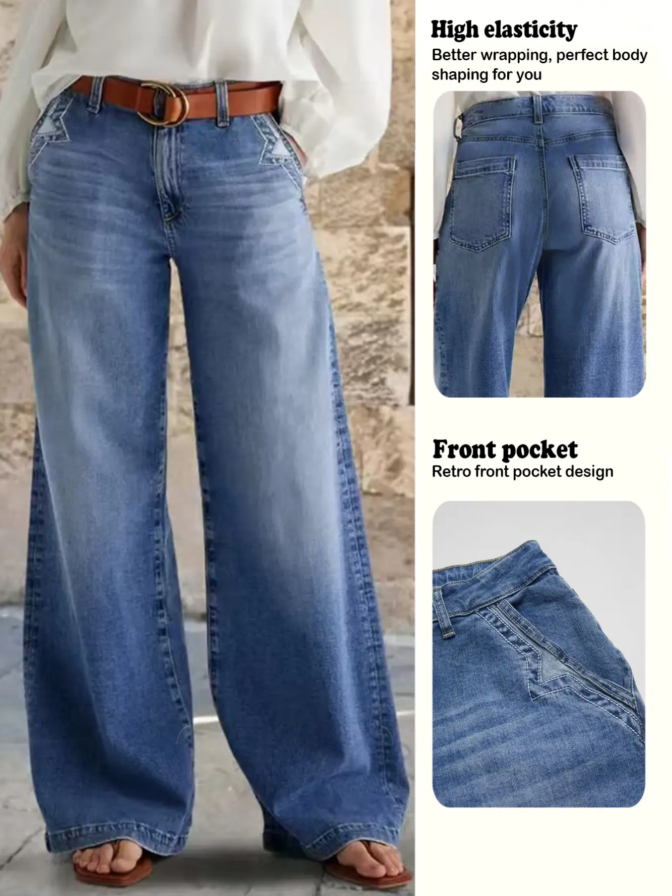 Women's Casual Denim Wide Leg Pants, Patchwork Design, Long Jeans for Daily Wear, Everyday, Comfortable & Stylish, Perfect for Spring & Fall