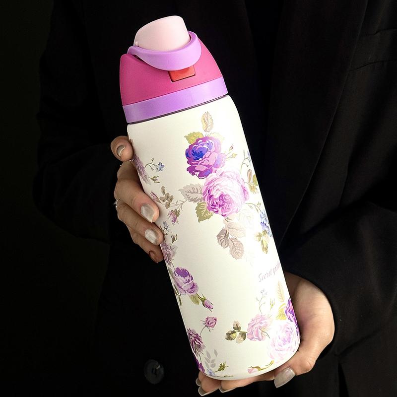 Floral Pattern Vacuum Flask, 1 Count 24oz-32oz-40oz Insulated Double Wall Stainless Steel Water Bottle, Stainless Steel Thermal, Drinking Cup for Home Office School Travel, Drinkware, Insulated Thermos, Stainless Steel Tumbler