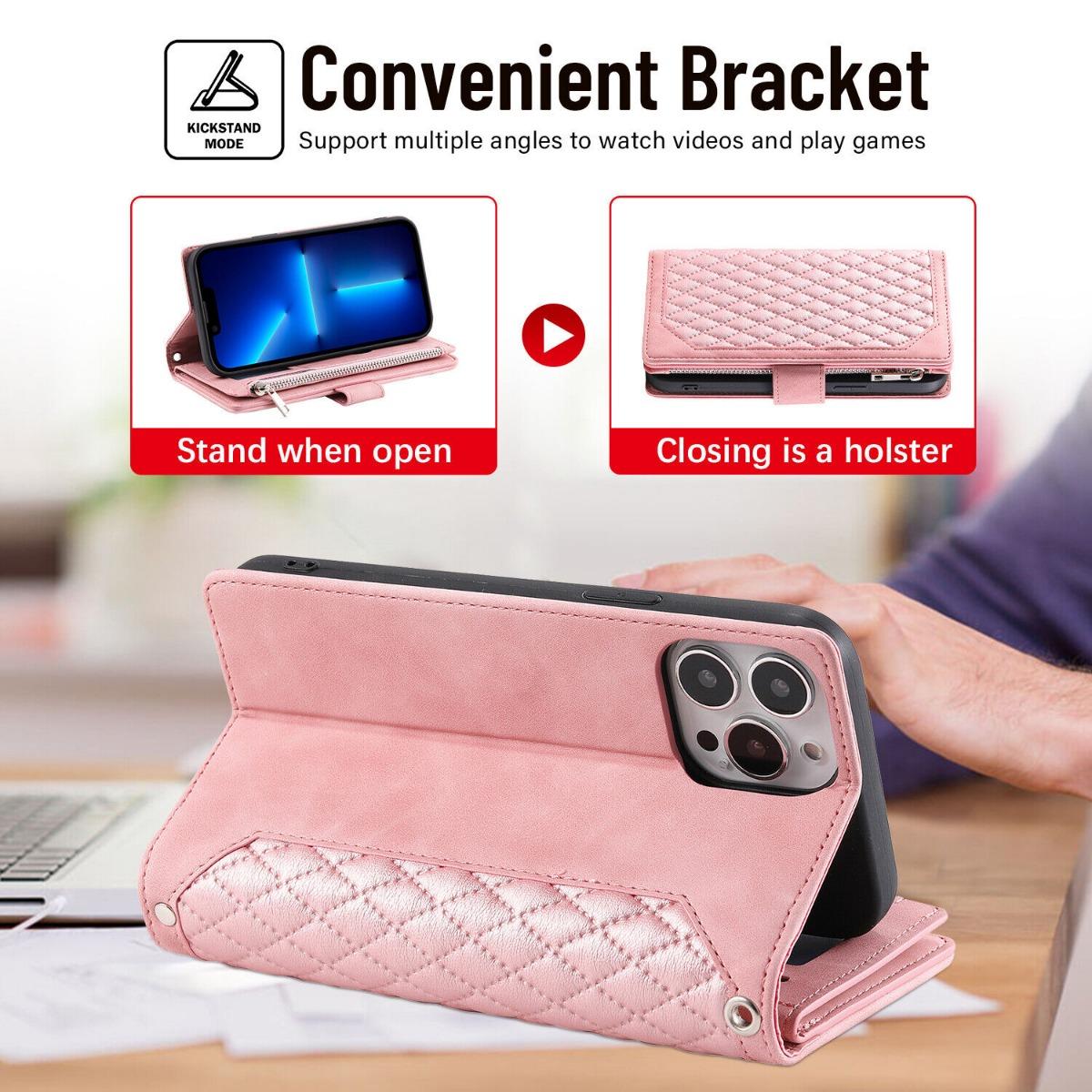 Crossbody Wallet Case For iPhone 17 16 Pro Max 15 14 Plus 13 12 Leather Phone Case with Card Holder Kickstand & Wrist Strap Cover Magnetic Closure Flip Handbag Zipper Purse Shell for Women