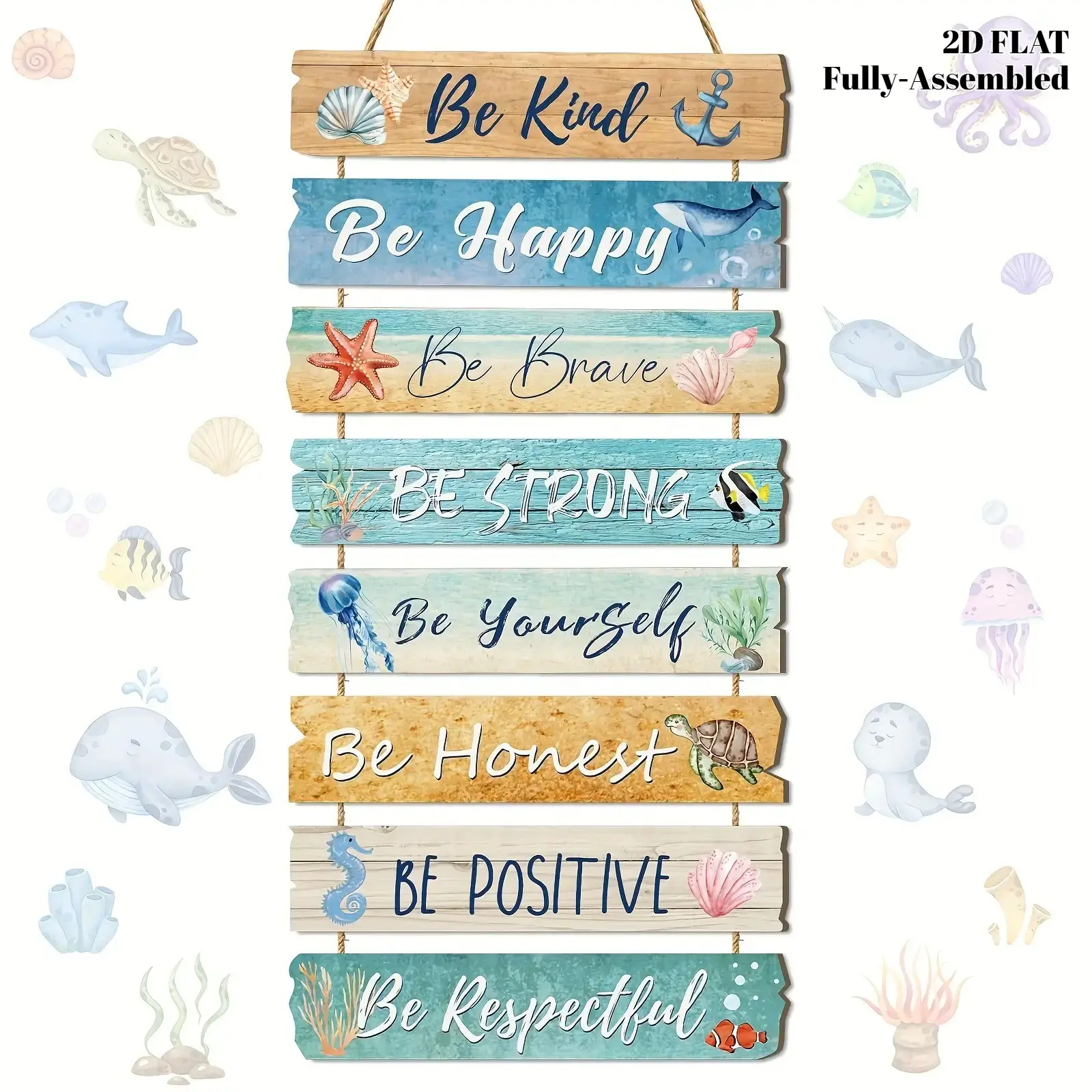 11 Inch 2D Flat Ocean Wooden Wall Decor Set - 8pcs Inspirational Marine Life Hanging Sign for Home, Bedroom, Bathroom, Living Room & Outdoor Decoration - High-Quality Printed Plaque