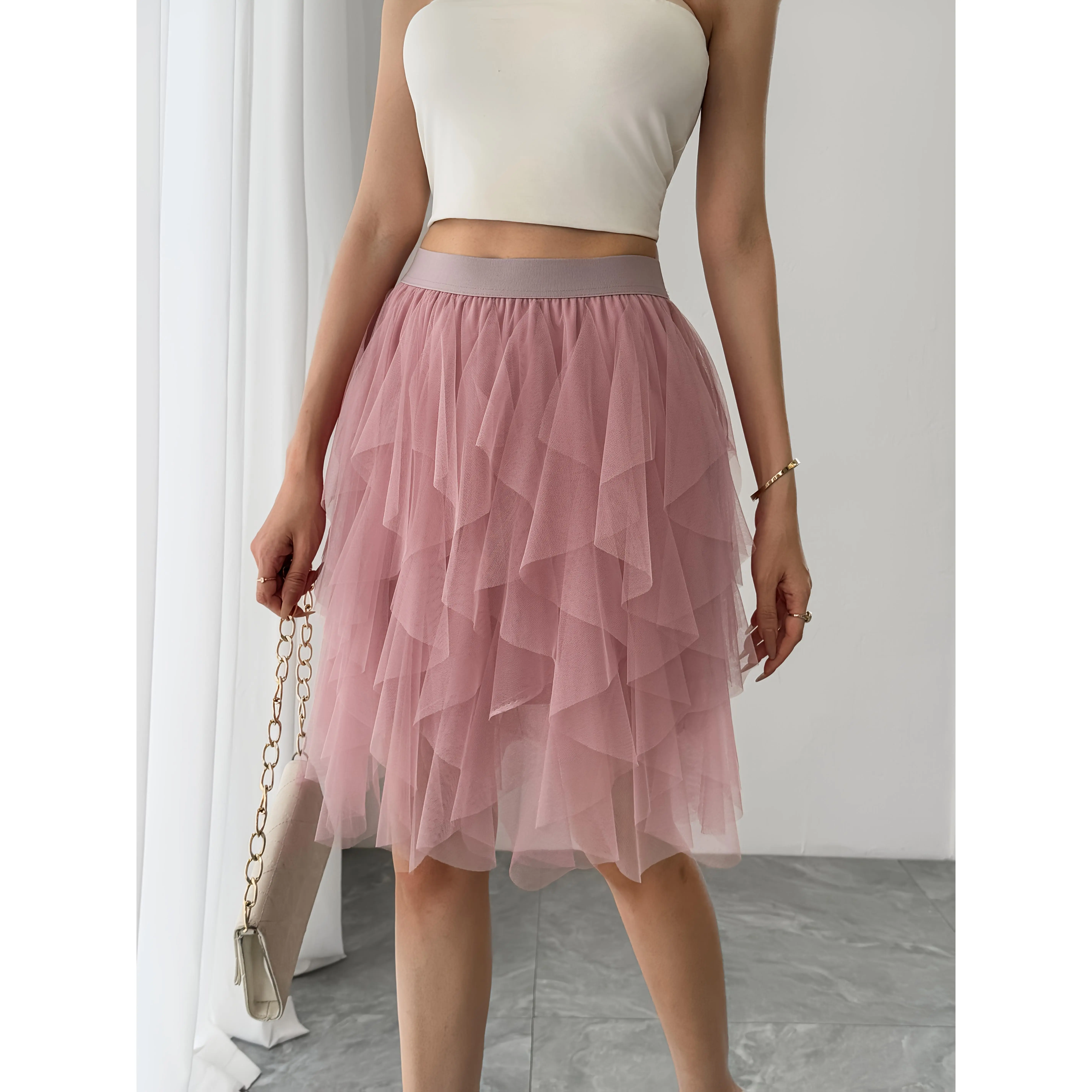 Women's Chic Plain Mid-Length Mesh Skirt - Irregular Hem, Lightweight Sheer Mesh Fabric, Women's Bottoms - Ideal for Weekend Outing, Photo Shoot, Weekend Wear