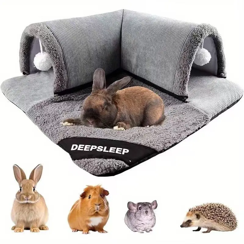 L-Type Dual Entrance Pet Tunnel Bed, 3D Memory Foam Support, Non-Slip Base, Washable, Soft Plush Cat House, Rabbit, Guinea Pig, Chinchilla Hideaway