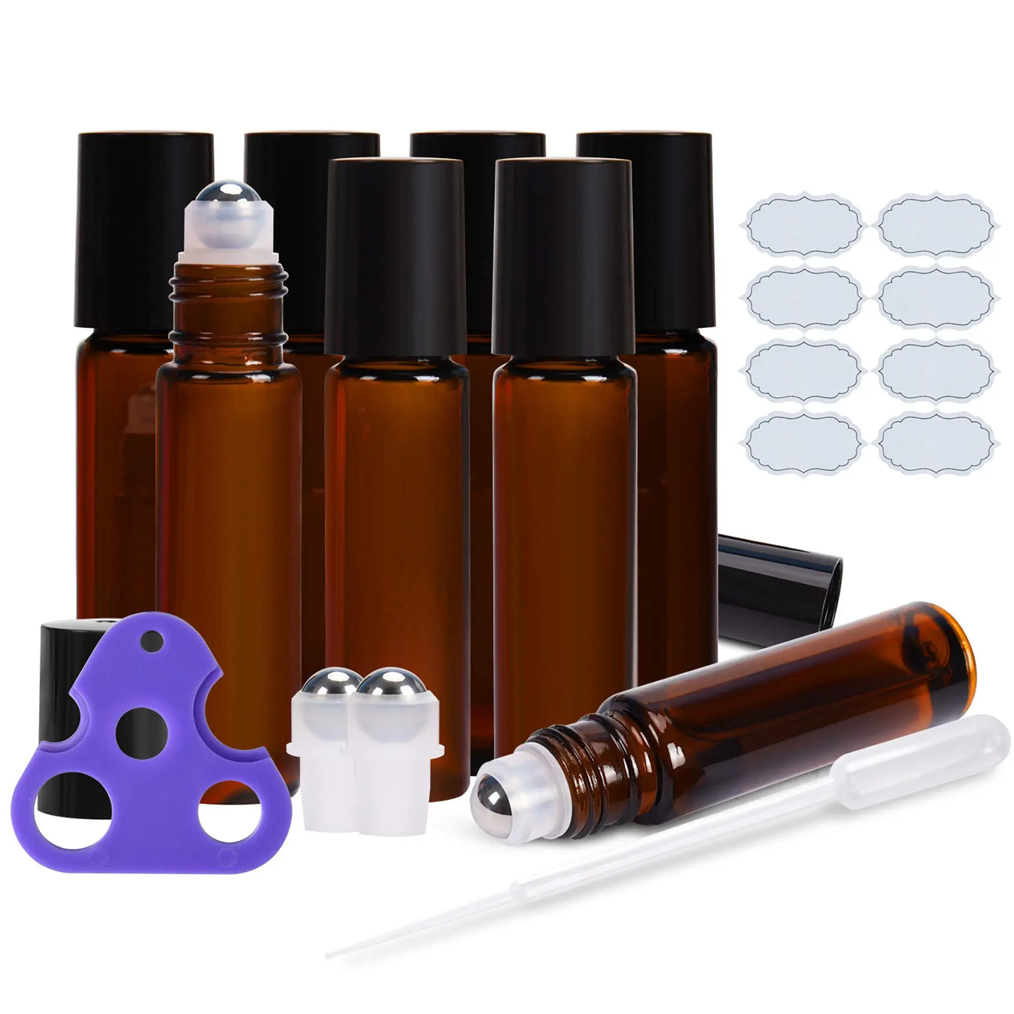 ULG 10ml Amber Glass Roll-On Bottles Pack (8 Pcs) with Stainless Steel Roller Balls, 2 Extra Balls, 8 Waterproof Labels, 1 Opener, 3ml Dropper for Essential Oils & Perfume