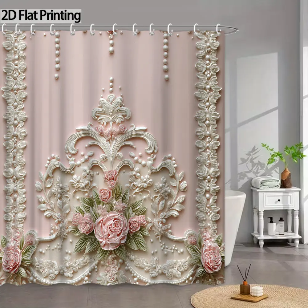 1-Pack Elegant Floral Shower Curtains For Bathroom, Bathroom Accessories, Rose Patterns, Holiday Home Decor, Bathtub Partition Hanging Curtains