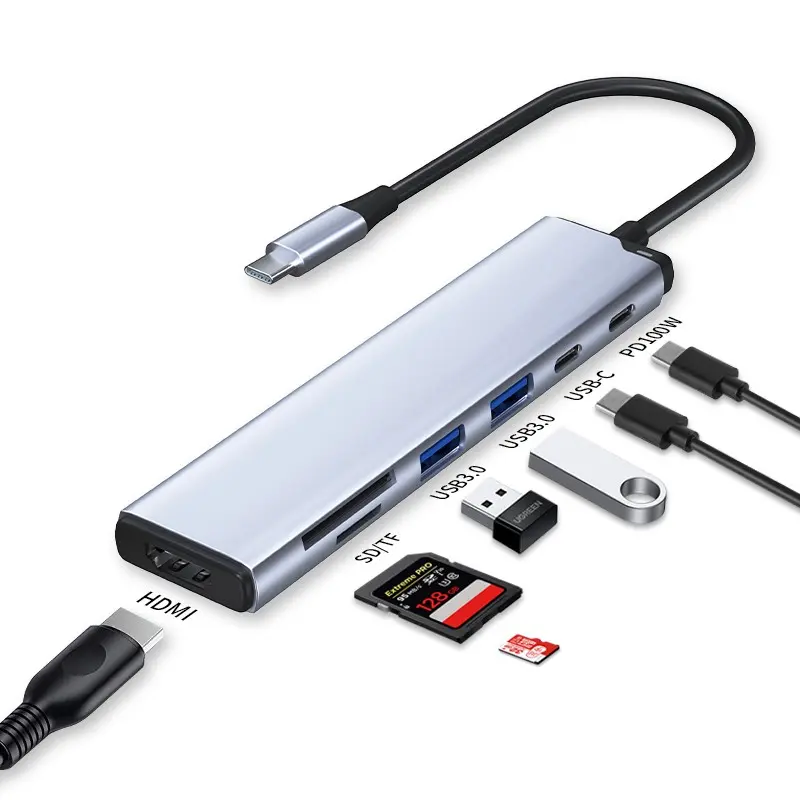 7-In-1 USB-C HUB, 3.0 Fast Charging, HDMI Port, SD/TF Card Slots, Multi-Functional Expansion, Ideal for Laptops & Tablets, USB Multiport Adapter