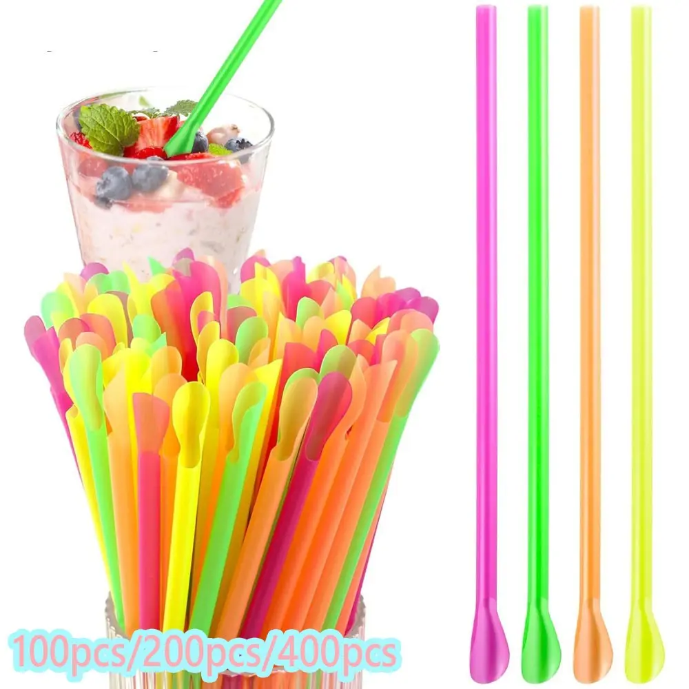 100pcs/200pcs/400pcs Snow Cone Spoons, Colorful Straw Shape Lintels for Milkshakes, Ice Cream Drinks, Cocktails, Flexible Plastic Disposable Straws