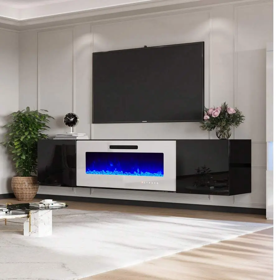 Floating Fireplace TV Stand, Mounted Mirrored Entertainment Center With 40'' Fireplace, Modern LED Lights Media Console TVs Up To 90'', Stylish Floating TV Stand Furniture,