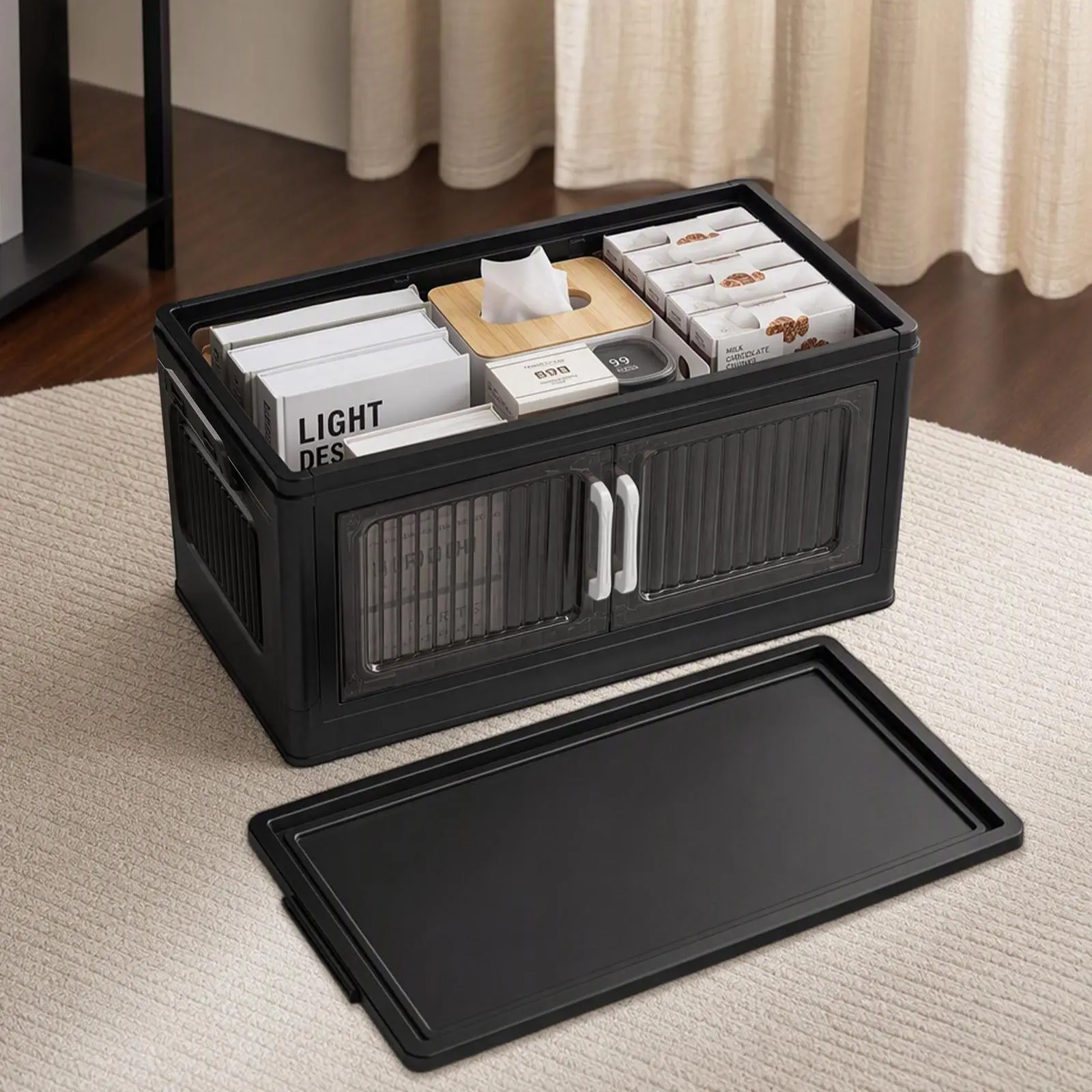 Magnetic Auto‑Close Double Door Storage Cabinet 50cm Thick PP Foldable Countertop Organizer With Striped Semi‑Transparent Panel Dust Moisture Proof For Bathroom Kitchen Desk