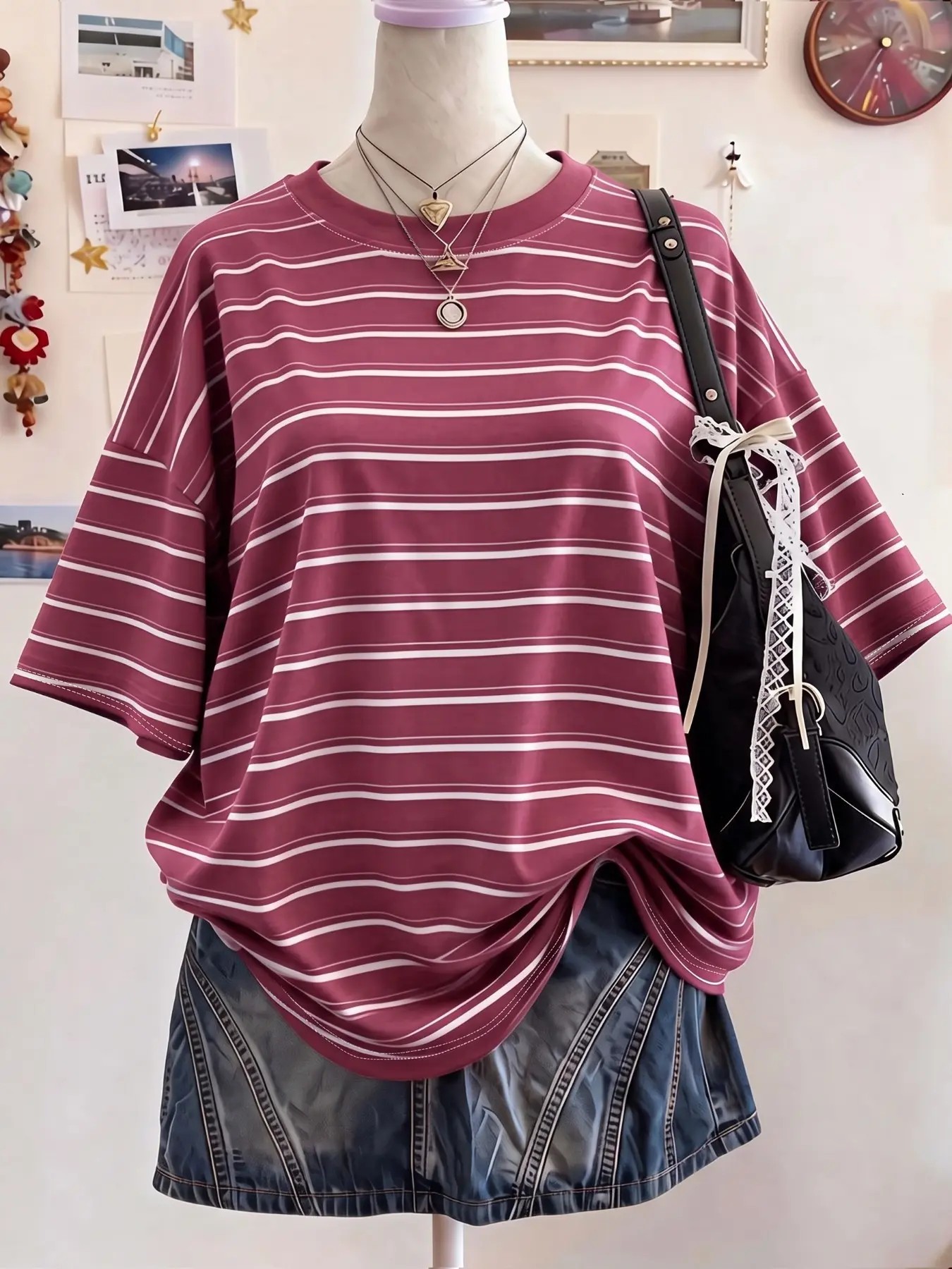 Women's Burgundy White Striped Loose Short Sleeve T-Shirt, Summer clothes women, Y2K Vintage Casual Streetwear, Soft Breathable Oversized Tee Perfect For Daily Wear And Hangout, Stylish Viral TikTok Must Have Fashion Essential