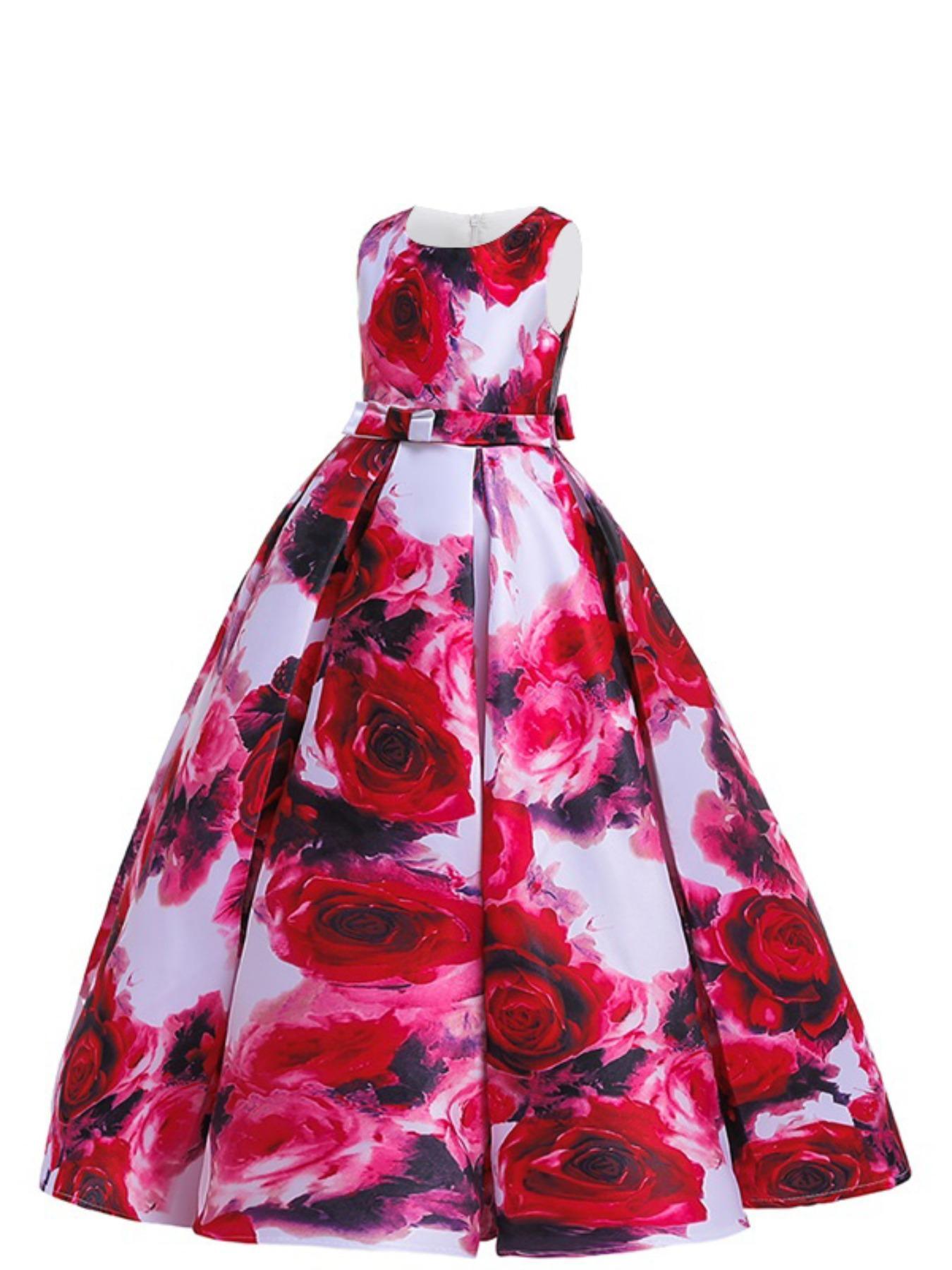 Girl's All Over Floral Print Bow Back Plicated Tank Dress, Elegant Sleeveless Round Neck Maxi Dress for Party Performance Wedding Guest, Floral Printed Dress, Kids Clothes for All Seasons