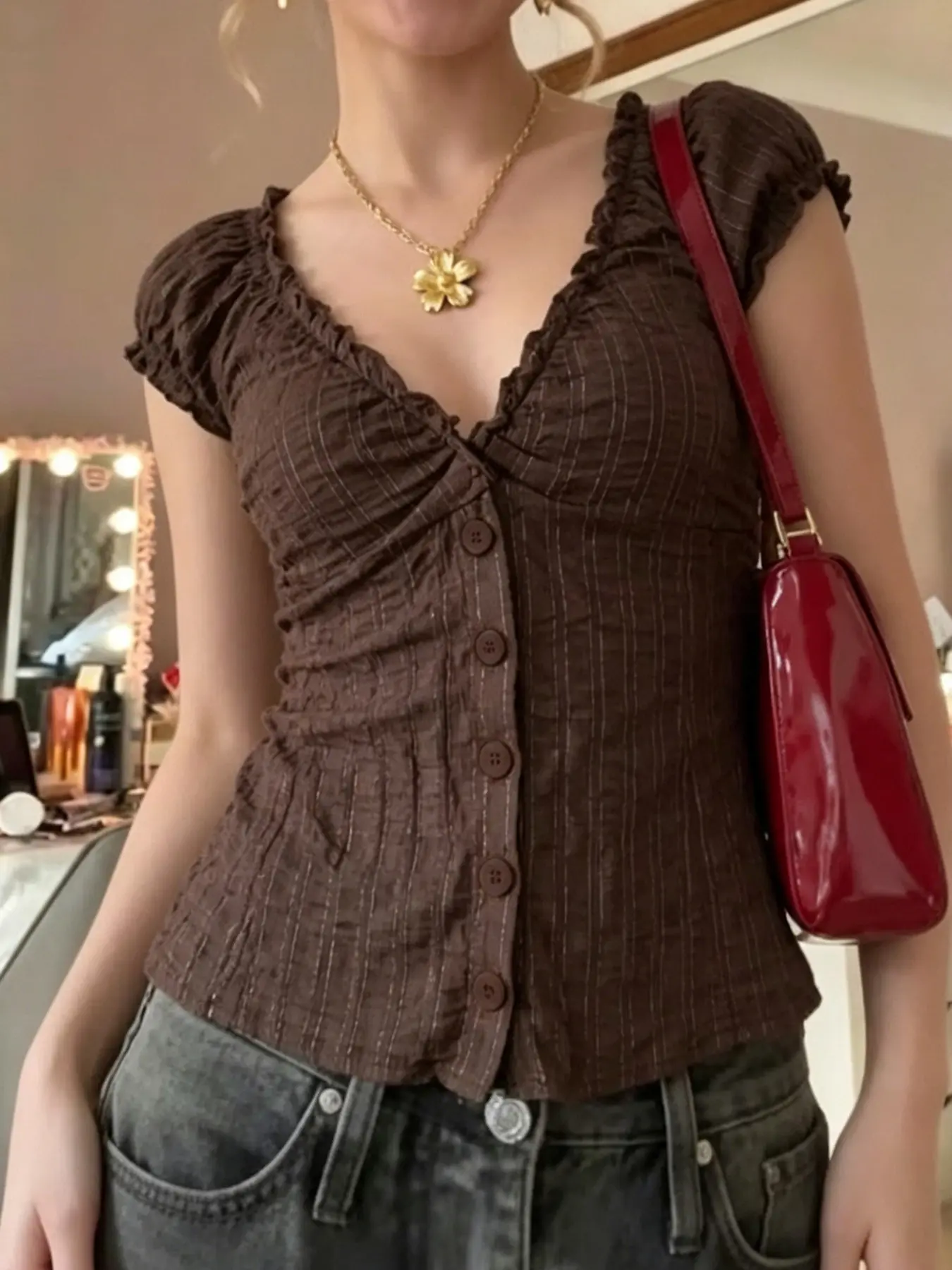 American Street Style Vintage Peter Pan Collar Short Sleeve Shirt Blouse for Women, V-Neck Single Button Waist Cinch Slim Fit Casual Retro Top