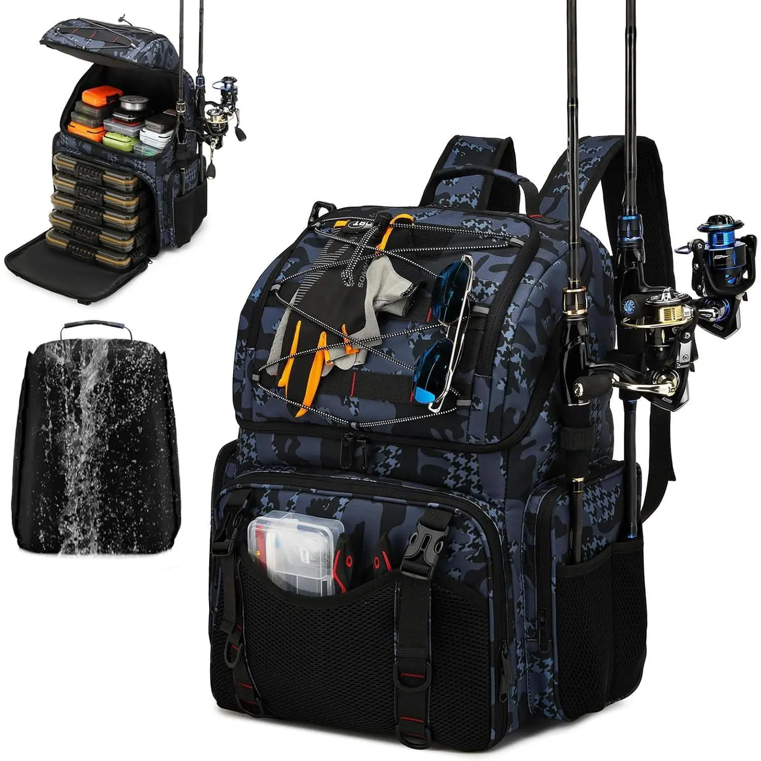 45L Fishing Backpack with Cooler, Large Water-Resistant Tackle Bag with Rod Holders and Rain Cover for Beach & Light Outdoor Hiking, Beach/Hiking, Hiking / Light Outdoor, Black Camo(With 4 Tackle Boxes), 16.8*14.5*7.6 In, Fisherman Accessories, 5.7 Lb, Co