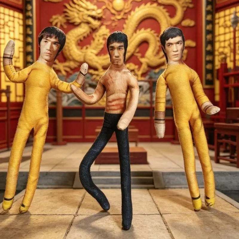 Handmade Bruce Lee Fabric Doll Kung Fu Master Cloth Figure Yellow Jumpsuit Game of Death Collectible Ornament Desktop Decor Gift For Martial Arts Fans