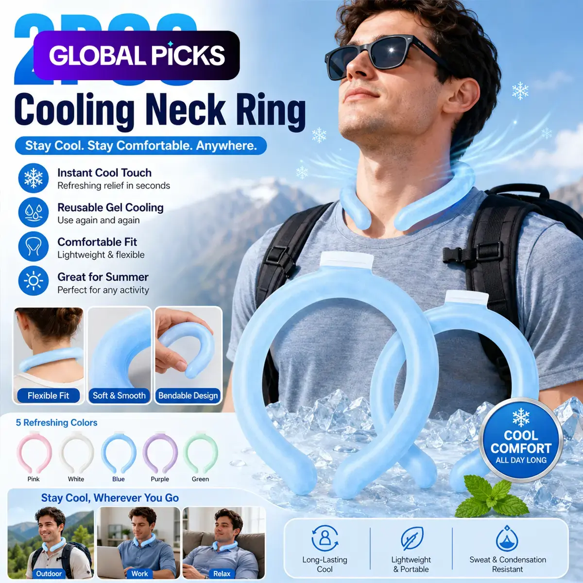 2PCS Neck Cooler Ring, Neck Ice Pack, Wearable Reusable Instant Cooling Tube for Hot Weather, Leakproof PCM Cooling Collar with Flexible Fit, Portable Ice Neck Wrap for Men Women, Ideal for Sports, Office, Home, Travel and Outdoor Work
