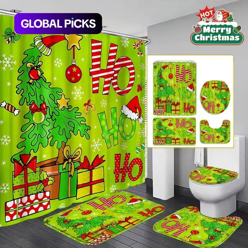Christmas Tree Bathroom Set, Non-Slip Mat, U-Shaped Rug, Toilet Lid Cover, Waterproof Decorative Shower Curtain, Aesthetic Bathroom Decor Accessories #GLOBAL PICKS