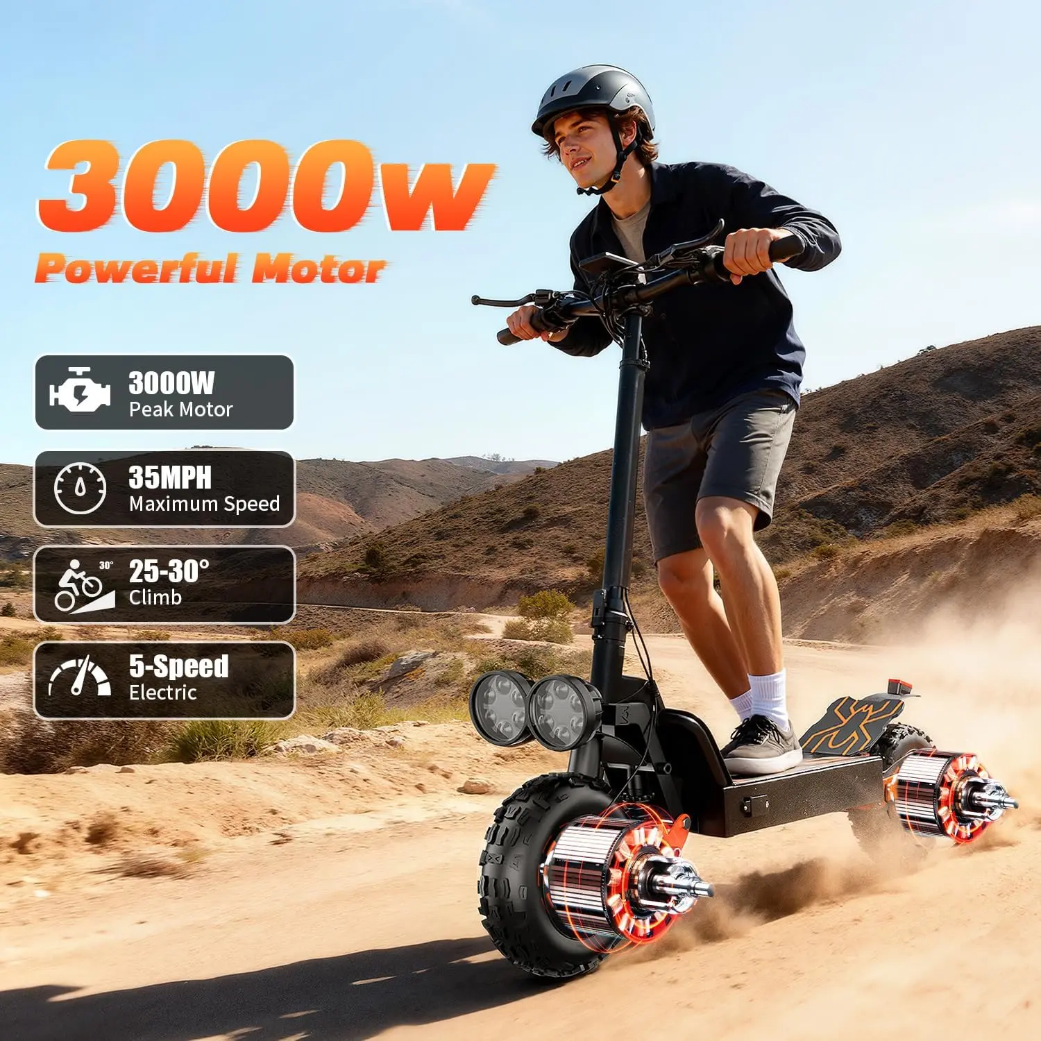 Adult Off-Road Electric Scooter 3000W Dual Motors Dual Suspension 35 MPH Speed 70 Mi Range 48V 30Ah Battery 11 All-Terrain Tires Foldable NFC Unlock Commuter Scooter