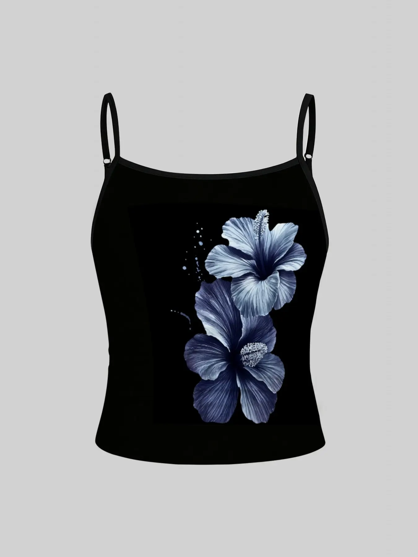 1-piece girls' blue hibiscus flower printed thin camisole, with contrasting black edges, adjustable thin shoulder straps, side pleated and slimming camisole, girls' summer tropical style sleeveless casual small camisole