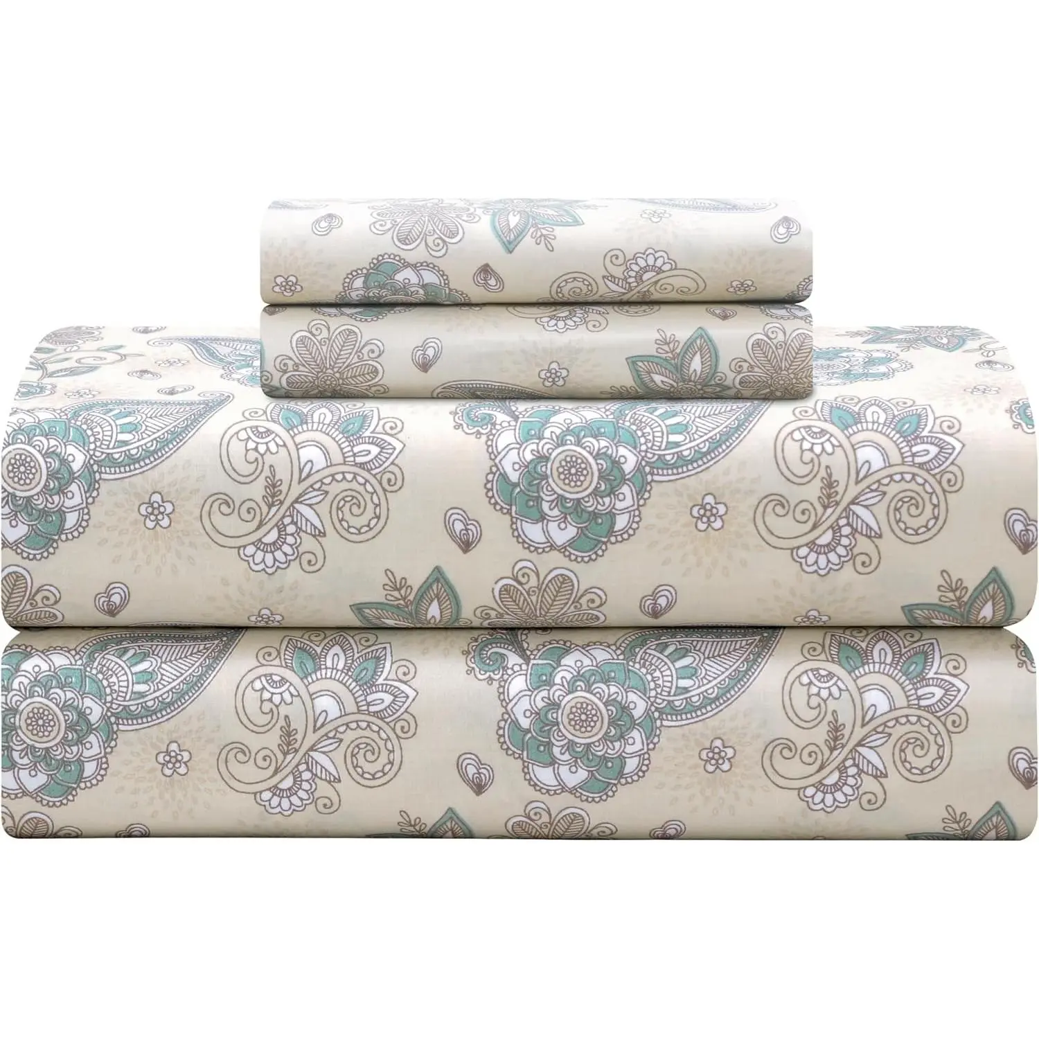 Softest 100% Cotton Sheets, 300 Thread Count Percale Weave Bedding, 16" Deep Pocket, Cooling Sheets, Breathable Bed Set, Hotel Premium Quality (Queen, Beige Paisley)