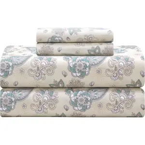 Softest 100% Cotton Sheets, 300 Thread Count Percale Weave Bedding, 16" Deep Pocket, Cooling Sheets, Breathable Bed Set, Hotel Premium Quality (Queen, Beige Paisley)