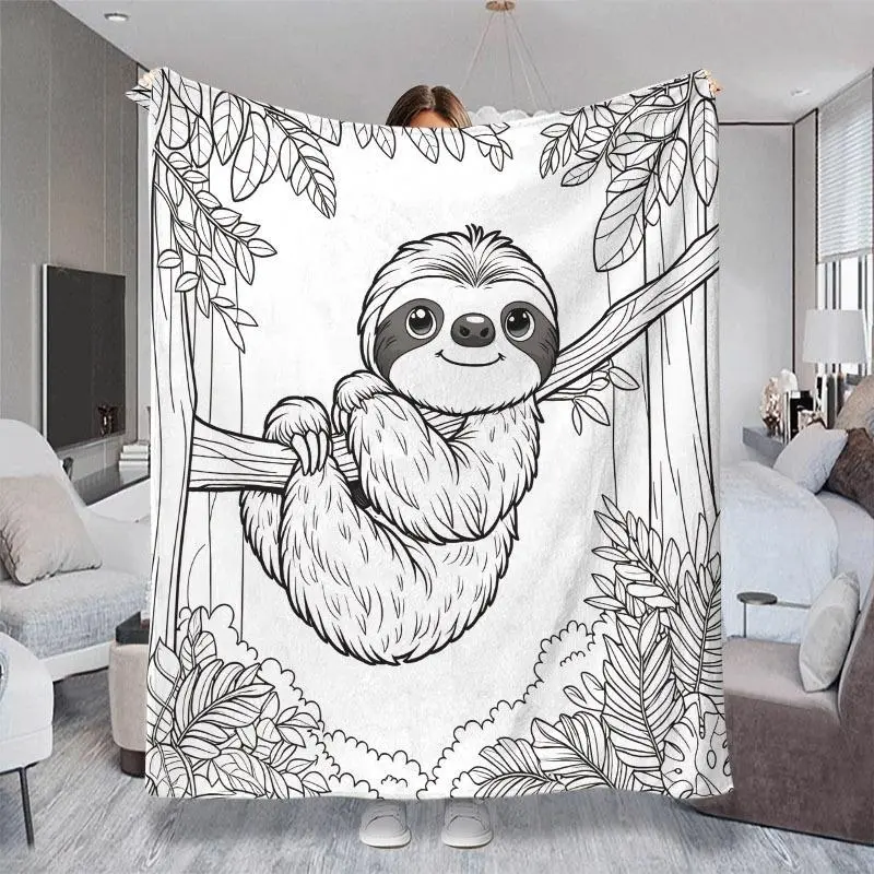 2D Flat Print (Non-3D) Cute Sloth Hanging on Branch Pattern Throw Blanket, Jungle Line Art Design for Coloring, Multiple Specifications Available in Vibrant Colors, Cozy Soft Cover for Lunch Break Napping & Daily Indoor Relaxation