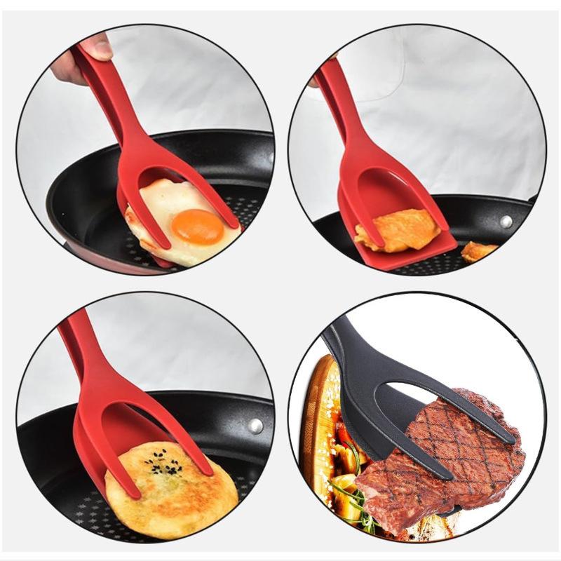 2-in-1 Silicone Shovel & Tweezers Tongs - Black Egg Flipper Pancake Steak Turner Omelet Maker Spatula Fish French Toast Tongs for Home Kitchen Cooking Tools Utensils