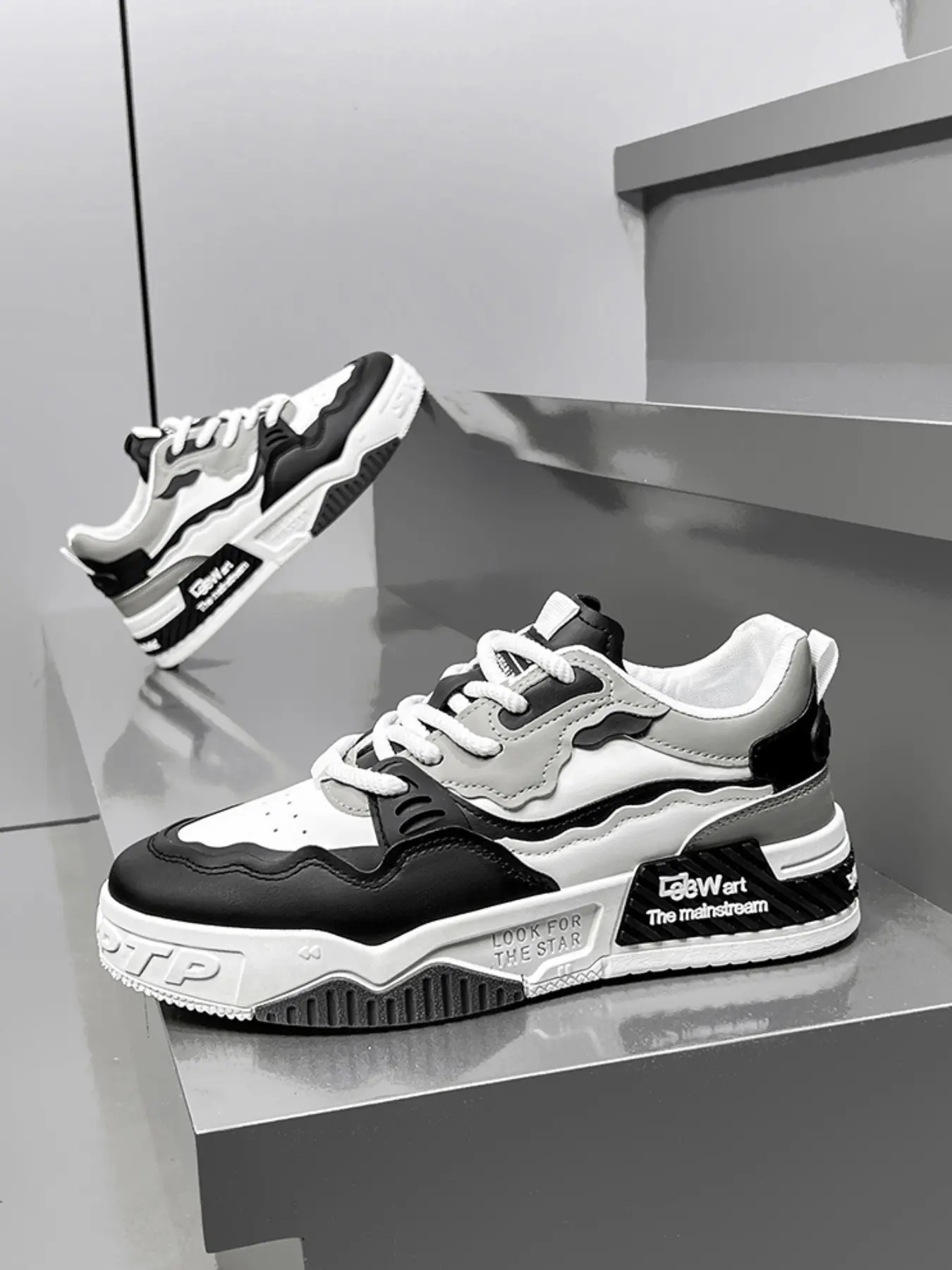 Men's Full Leather Patchwork Platform Skate Shoes, Casual Skateboarding Shoes, Two-Tone Color Block Side Patch with Letter Print, Thick Square Sole, Anti-Slip Wear-Resistant Lightweight Sneakers, Suitable for Daily Commute, School, Street Casual, Outdoor