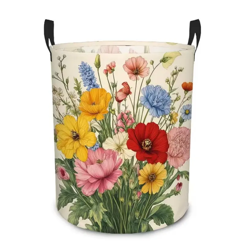 1pc Vintage Colorful Floral Laundry Basket, Watercolor Wild Flowers Foldable Storage Bin with Handles, Round Laundry Hamper for Clothes Bedroom Home Decor, Laundry Baskets