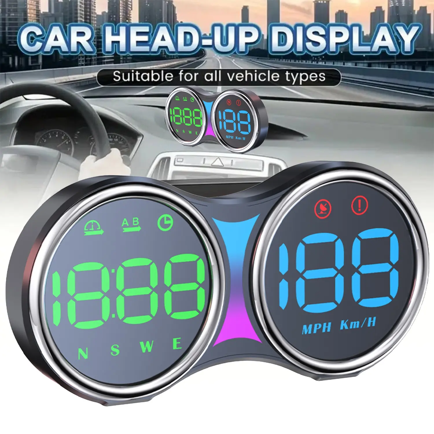 G27 Head-Up Display, Car Hud Display, Color GPS Speedometer, Digital Clock, Km/h & Mi/h Speed Monitor, Compatible with All Vehicles, Easy Installation