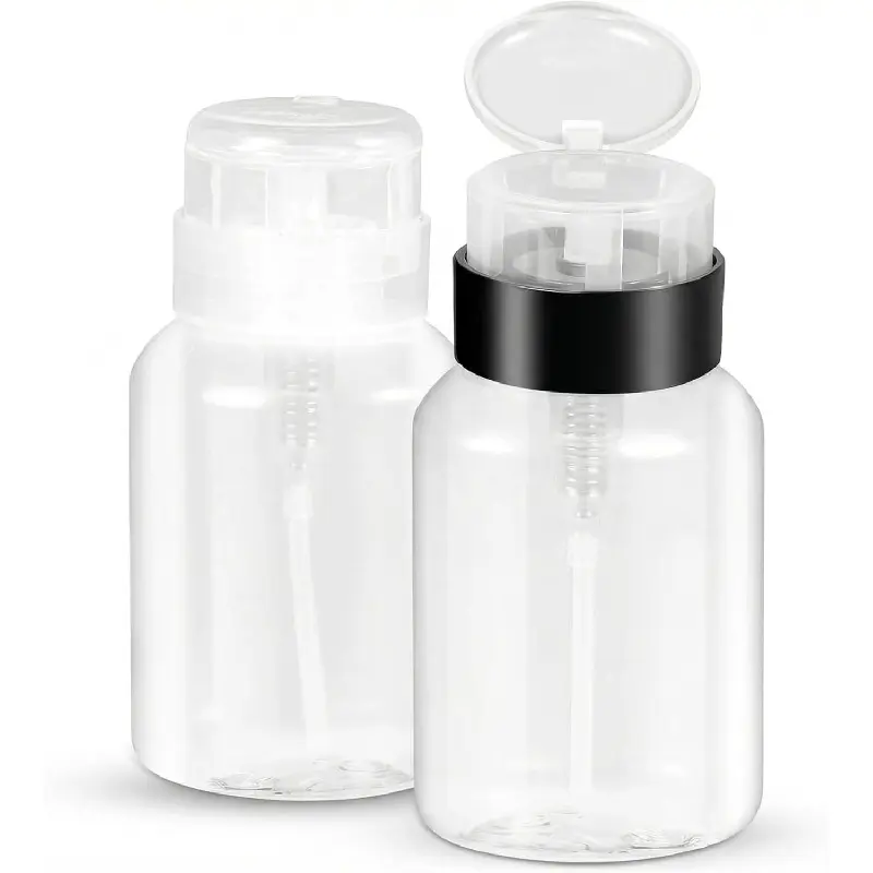 Nail Polish Remover Pump Dispenser, 2 Pack Acetone Safe ABS Bottle with Lockable Flip Cap - 200ml (6.8oz) Empty Push Down Container for Alcohol, Toner & Makeup Remover