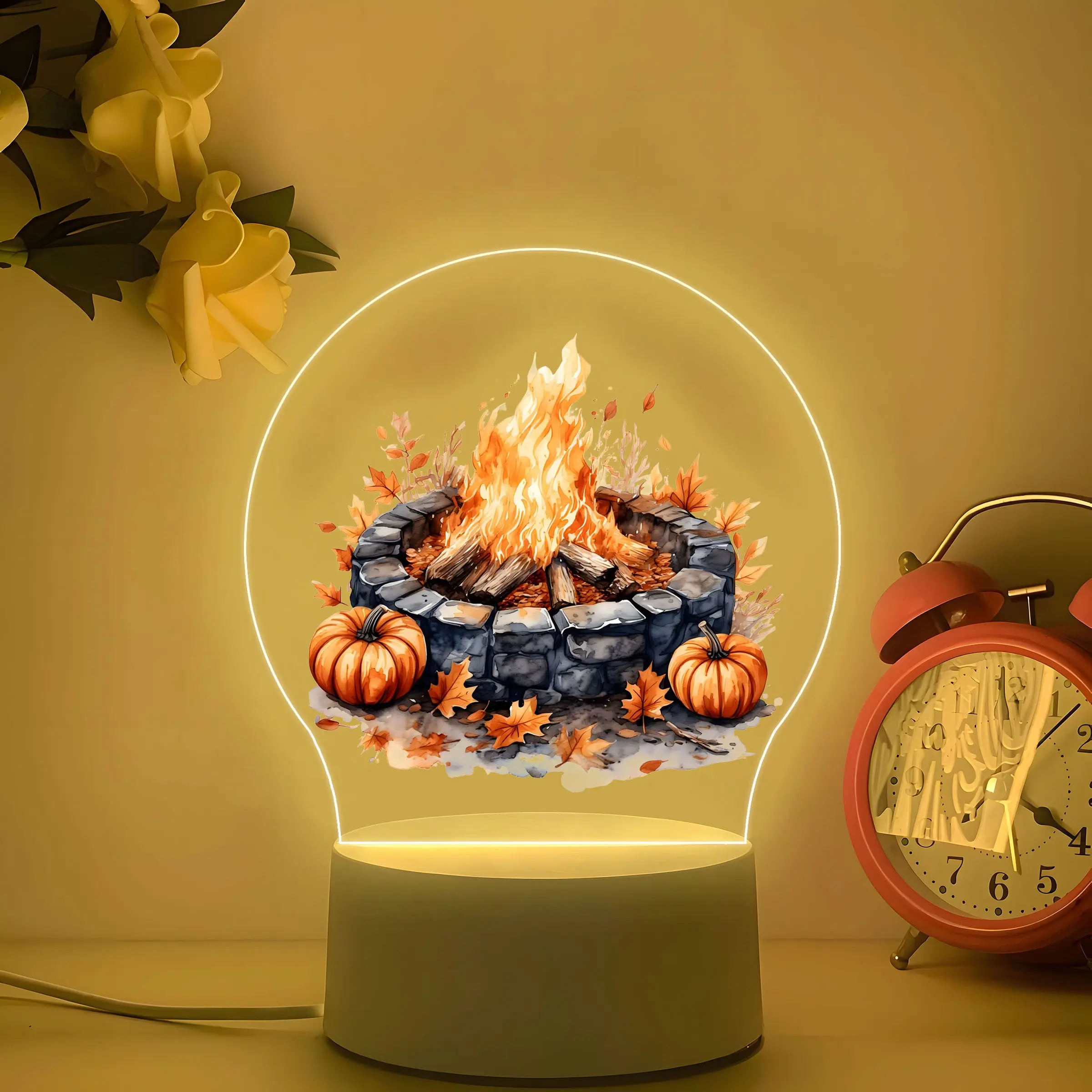 Acrylic Night Light with Hand-Painted Autumn Pattern, Warm Soft Glow, American Country Style, Perfect for Thanksgiving Decor and Gift