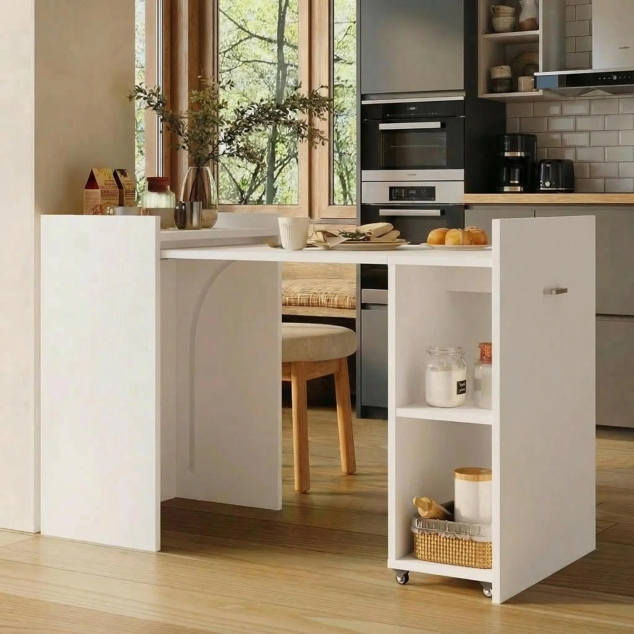Mesa de Comedor Plegable con Hoja elástica, Ruedas y cajón de Almacenamiento, Mesa de Cocina Multifuncional para Espacios pequeños, Madera Natural de 50 Pulgadas de Profundidad x 21.6