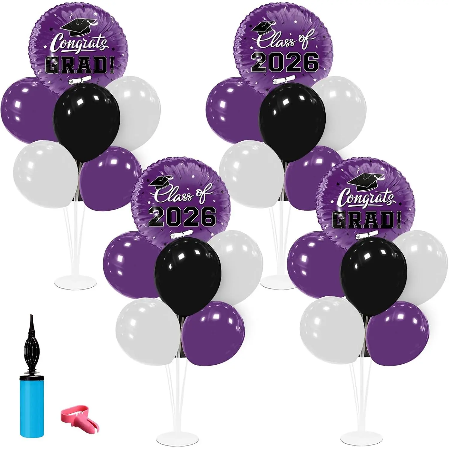 4 Sets Class of 2026 Graduation Decorations, Purple and Black Balloon Stand Kit with Congrats Grad Foil Balloons for Party Table Centerpieces, Balloon Foil, Easy Setup