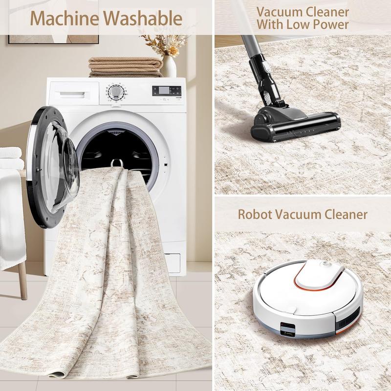 Area Faux Cashmere Rug 5x7, Washable Rugs for Living Room, Vintage Boho Beige Rug for Office, Dining Room, Kids Room and Farmhouse, Durable Low Pile Non-Slip Area Rug for High Traffic Areas