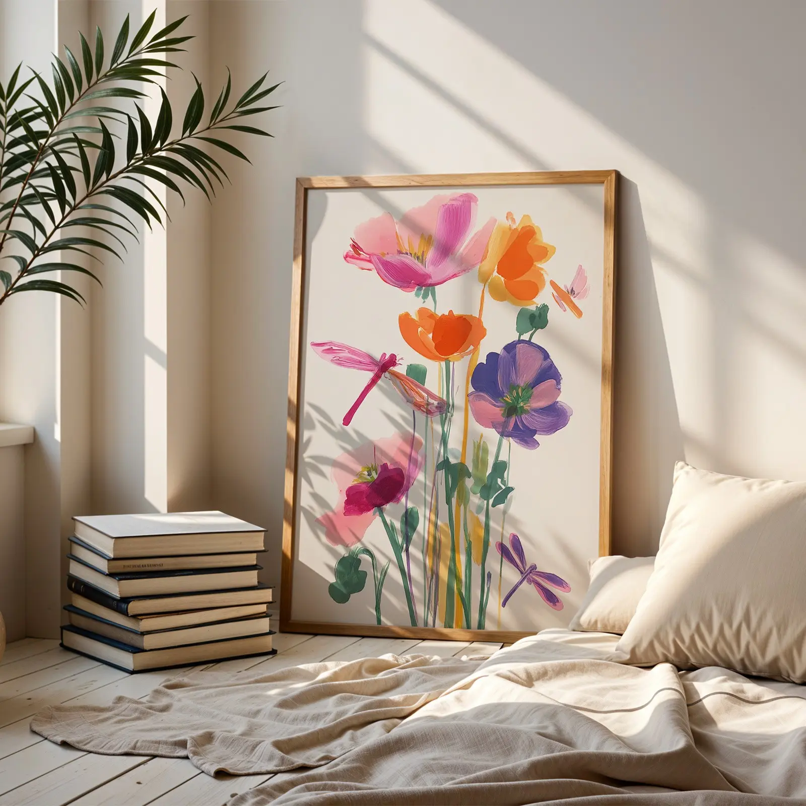 1pc Colorful Poppy Flower & Dragonfly Watercolor Poster, Unframed Abstract Floral Wall Print, Vibrant Wildflower Botanical Wall Art, Decor Picture for Living Room, Bedroom, Home Wall Decor, No Frame