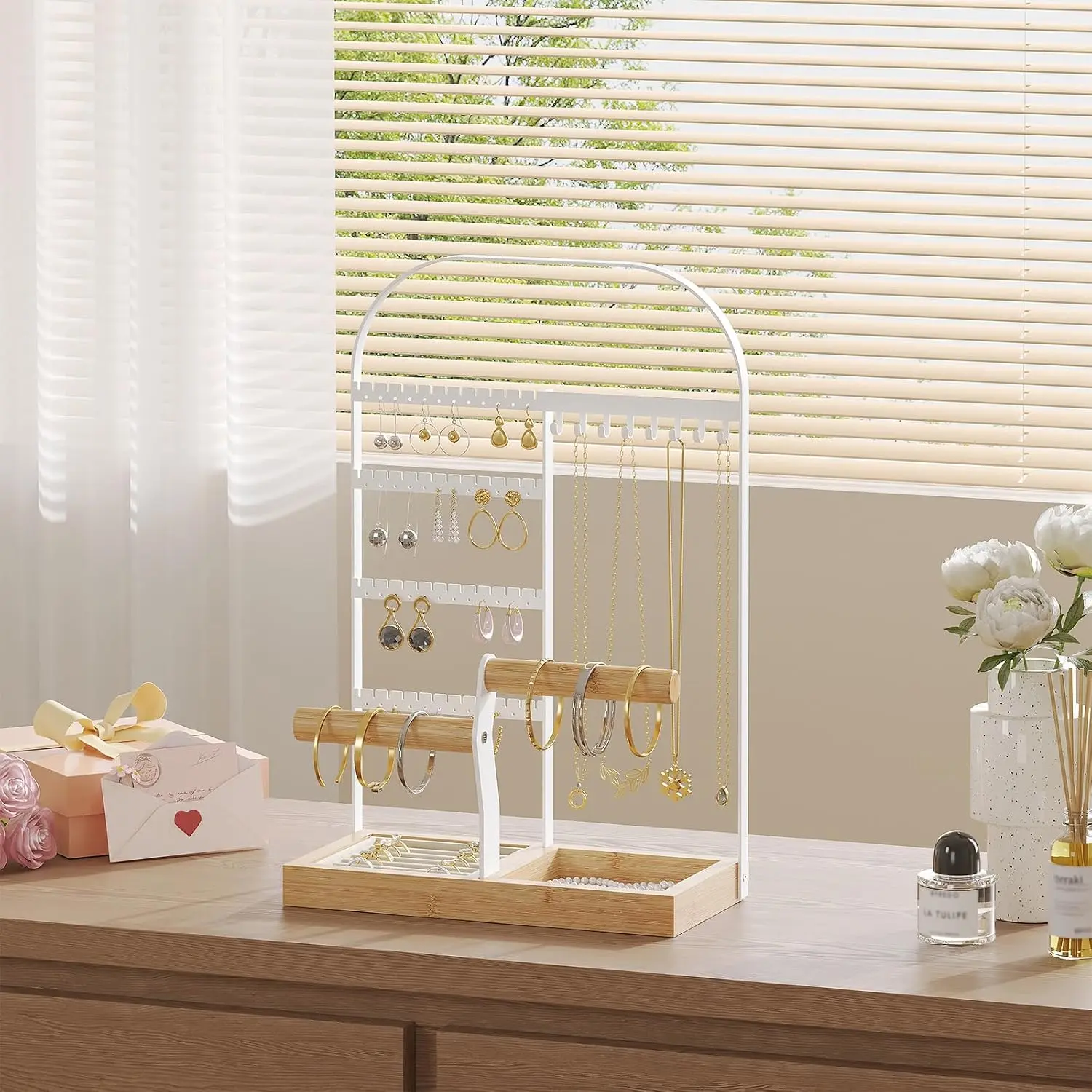 Organizer Stand with  Ring Holder 2 Bracelet Holder Display 4 Tier  Rack with 8 Necklace Hooks and 48 Earring Holes Organizer Storage Wooden Box White