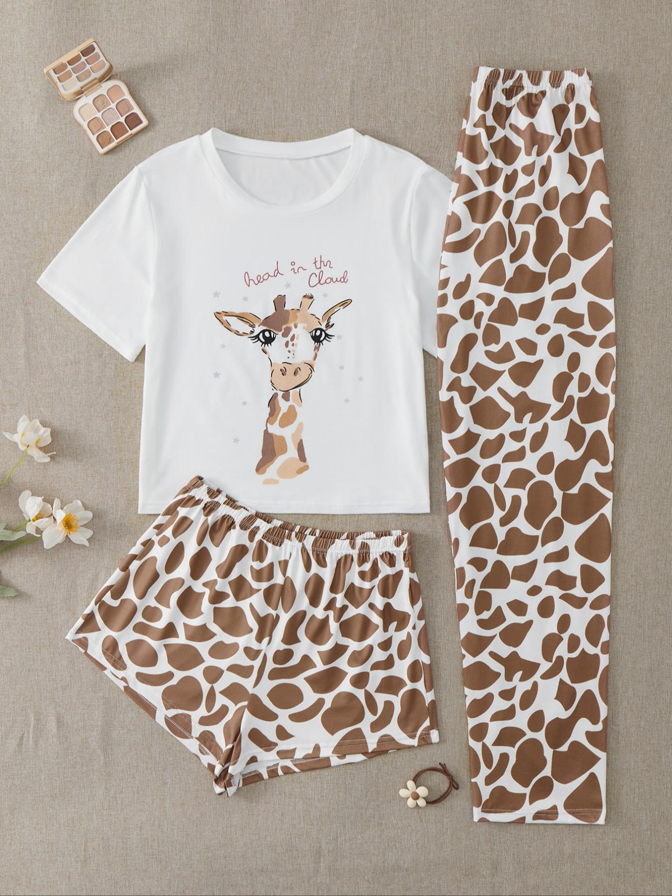 Three-Piece Set Women's Cute Cartoon Sloth Print Tee & Shorts & Pants Pyjama Set, Casual Comfy Crew Neck T-Shirt & Shorts & Trousers PJ Set, Summer Clothes Women, Summer Outfits 2024, Pajamas Lounge Set