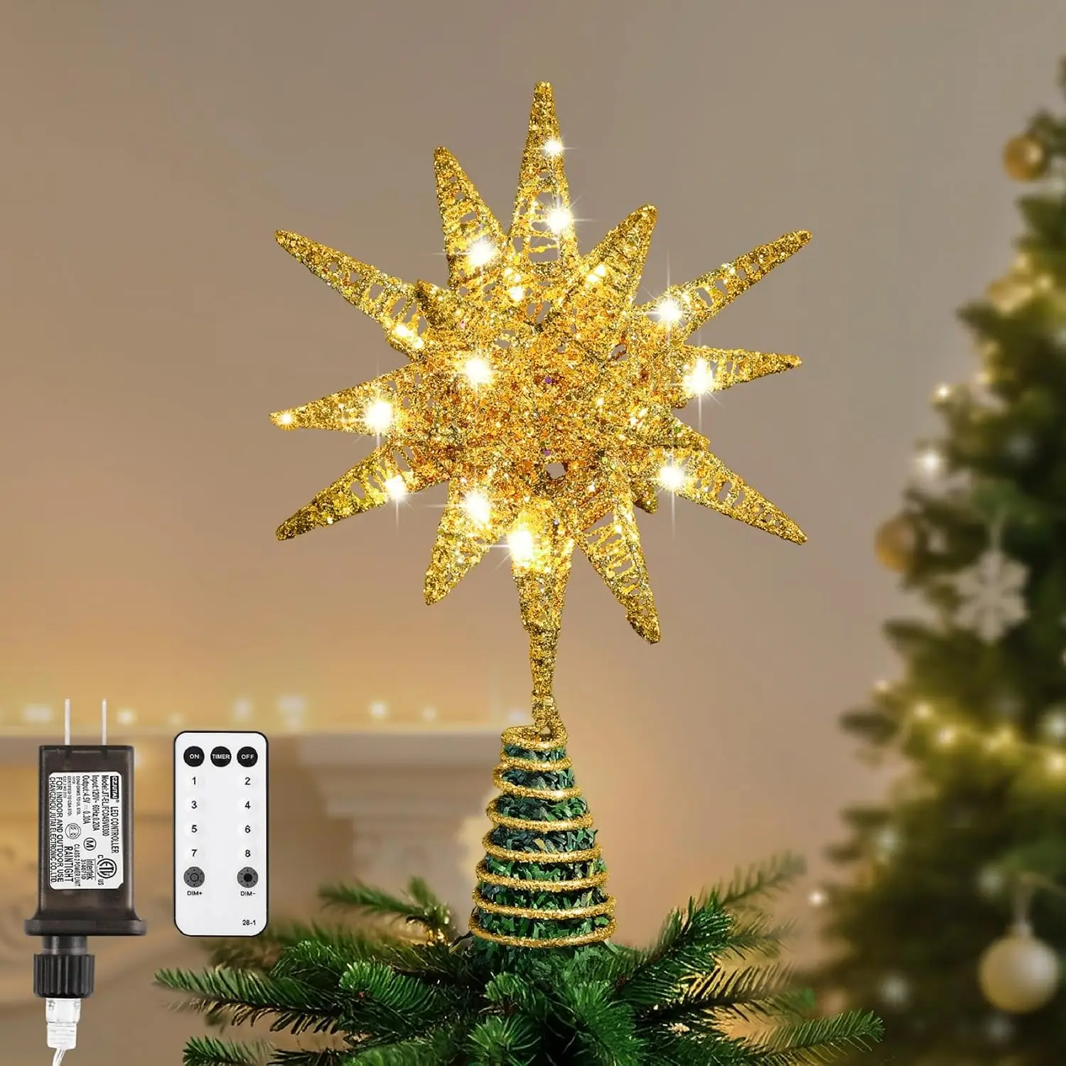 Christmas Tree Topper, Plug  Starburst Lighted  Tree Topper | 11"  Moravian Xmas Tree Topper for Christmas Decoration, Remote & Timer & 8 Light Modes, Warm Light, Champagne
