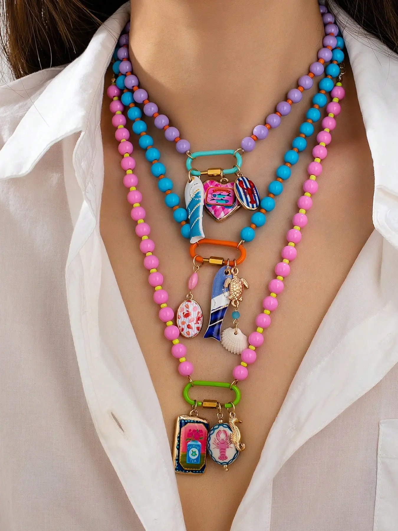 3-Piece Colorful Resin Bead Necklace Set, Boho Style Necklace, Bohemian Interchangeable Enamel Heart Fish Pendant, Y2K Style Fashion Jewelry