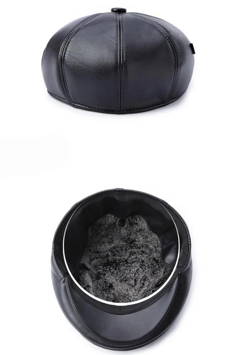 HT2059 High Quality Leather Beret Cap Men Autumn Winter Hats for Men Elder Man Warm Dad Hats with Earflap Flat  Cap Beret