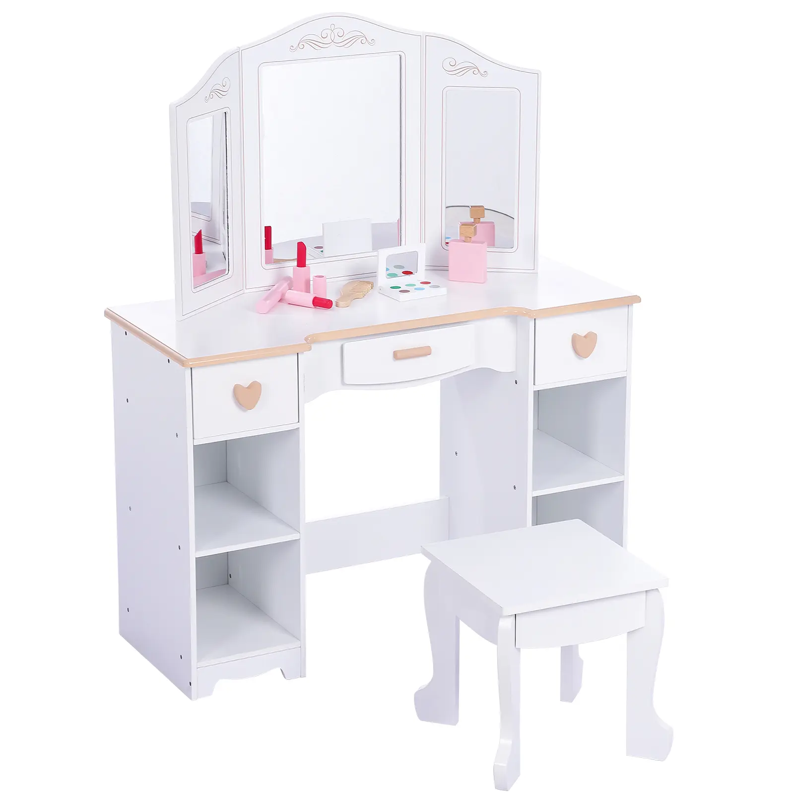Kids Dressing Table with Tri-Fold Mirror and Stool, 3 Drawers, 4 Shelves, White, MDF