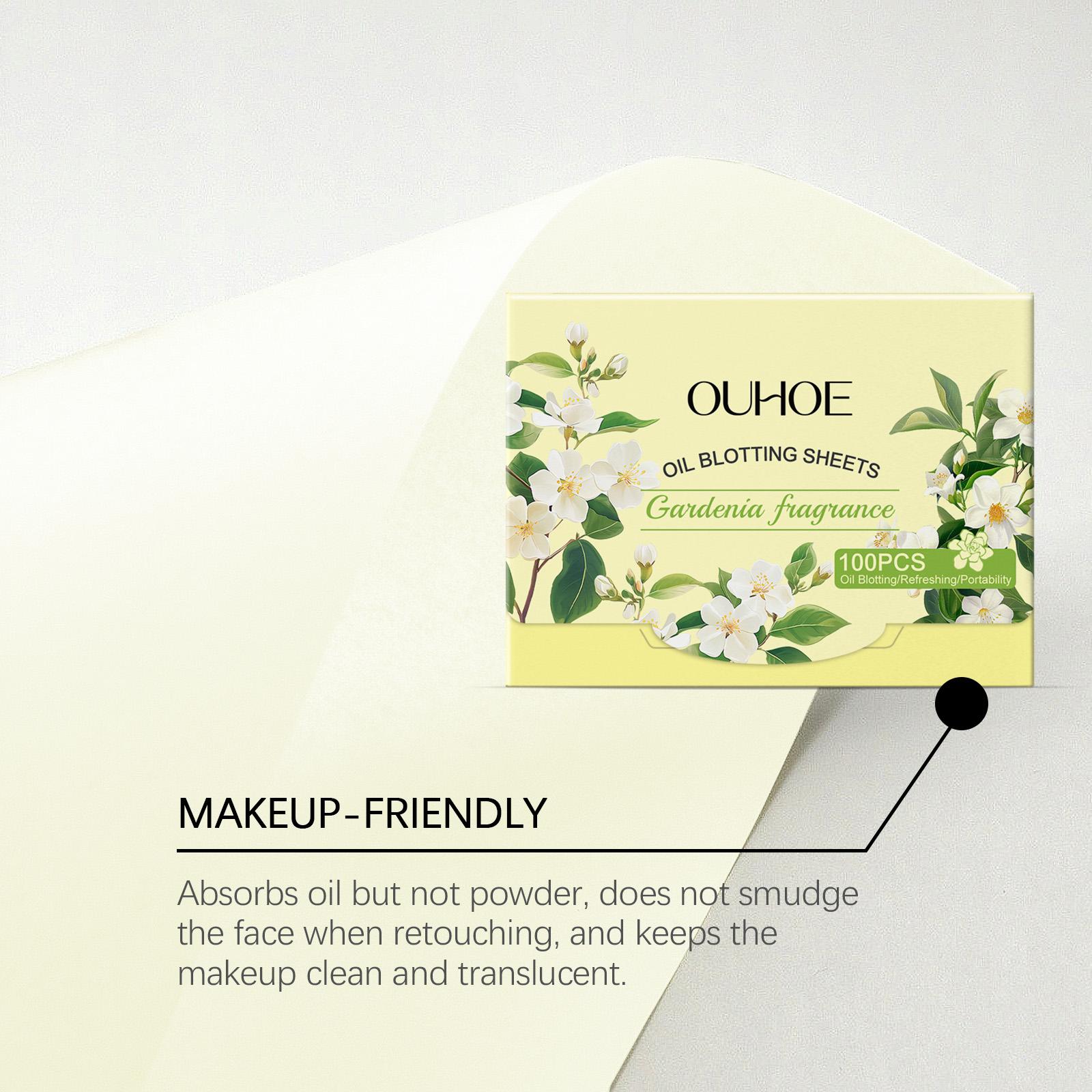 OUHOE Oil Blotting Sheets (Gardenia), Cellulose & Kaolin Dual Oil Control, Gardenia Extract Brightening + Vitamin E Antioxidant, Makeup-Friendly No Powder Removal, Soft for Oily Skin