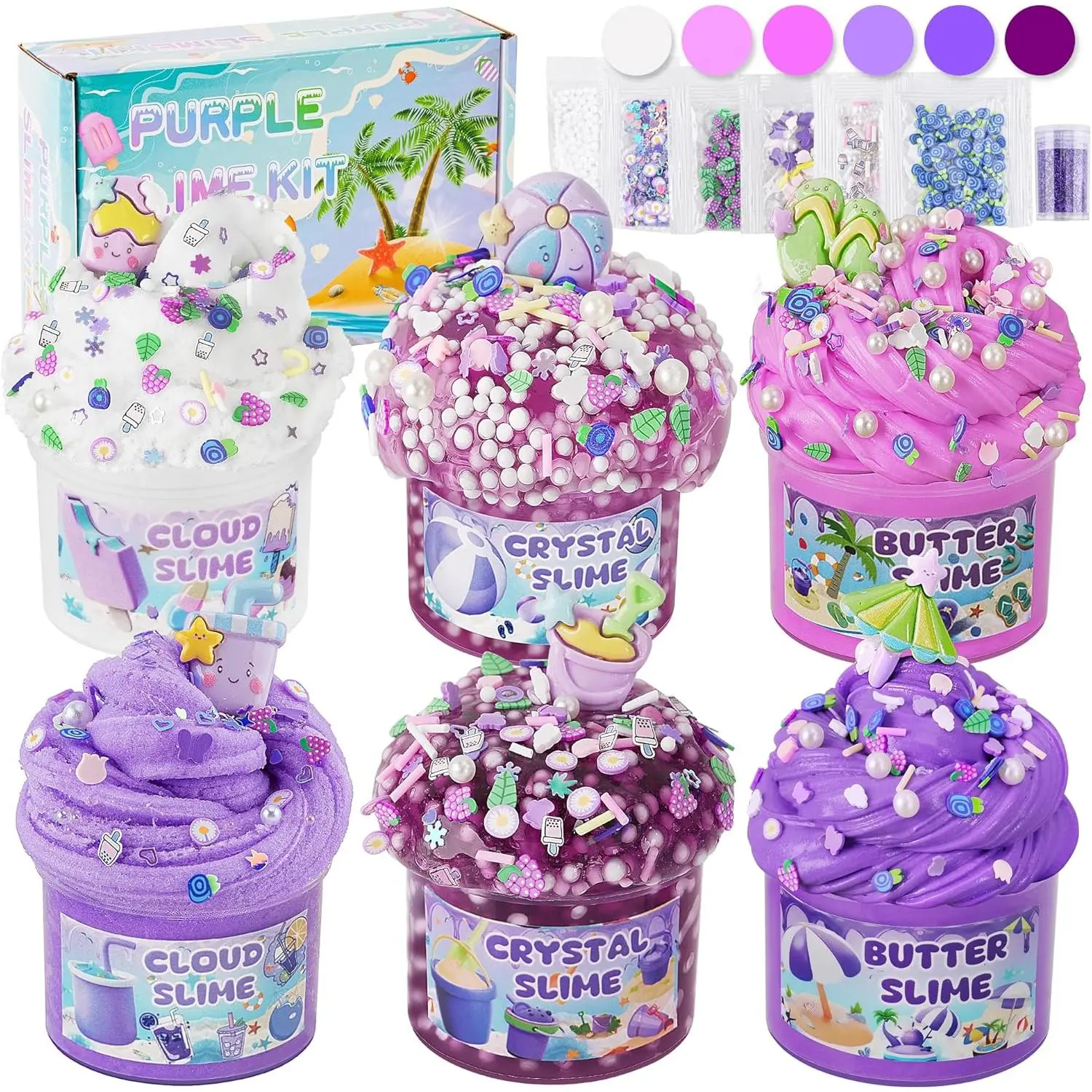 6 Packs Gradient Purple Slime Kit Cloud, Butter & Clear Slimes, Crunchy Slimes Kits for Kids with Beach Charms & Add-ins, Party Favors for Girls & Boys, 360ml Soft Non Stick Slime Making Kit