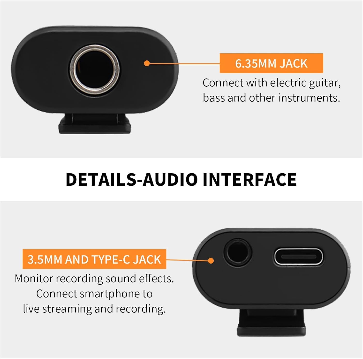 Guitar Audio Interface Pocket Internal Recording Sound Card with Type-C & Lightning for Live Streaming by iPad, iPhone, Android, PC Plug and Laptop Plug & Play