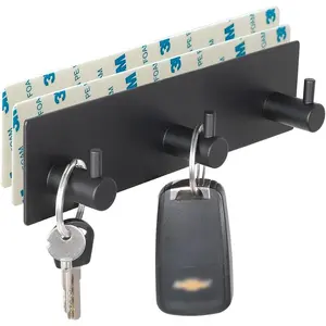 Key Holder for Wall with 2 Self-Adhesive Tapes, No Damage Key Holder Rack for Wall with 3 Key Hooks for Entryway, Door, Bathroom, Kitchen(Black)