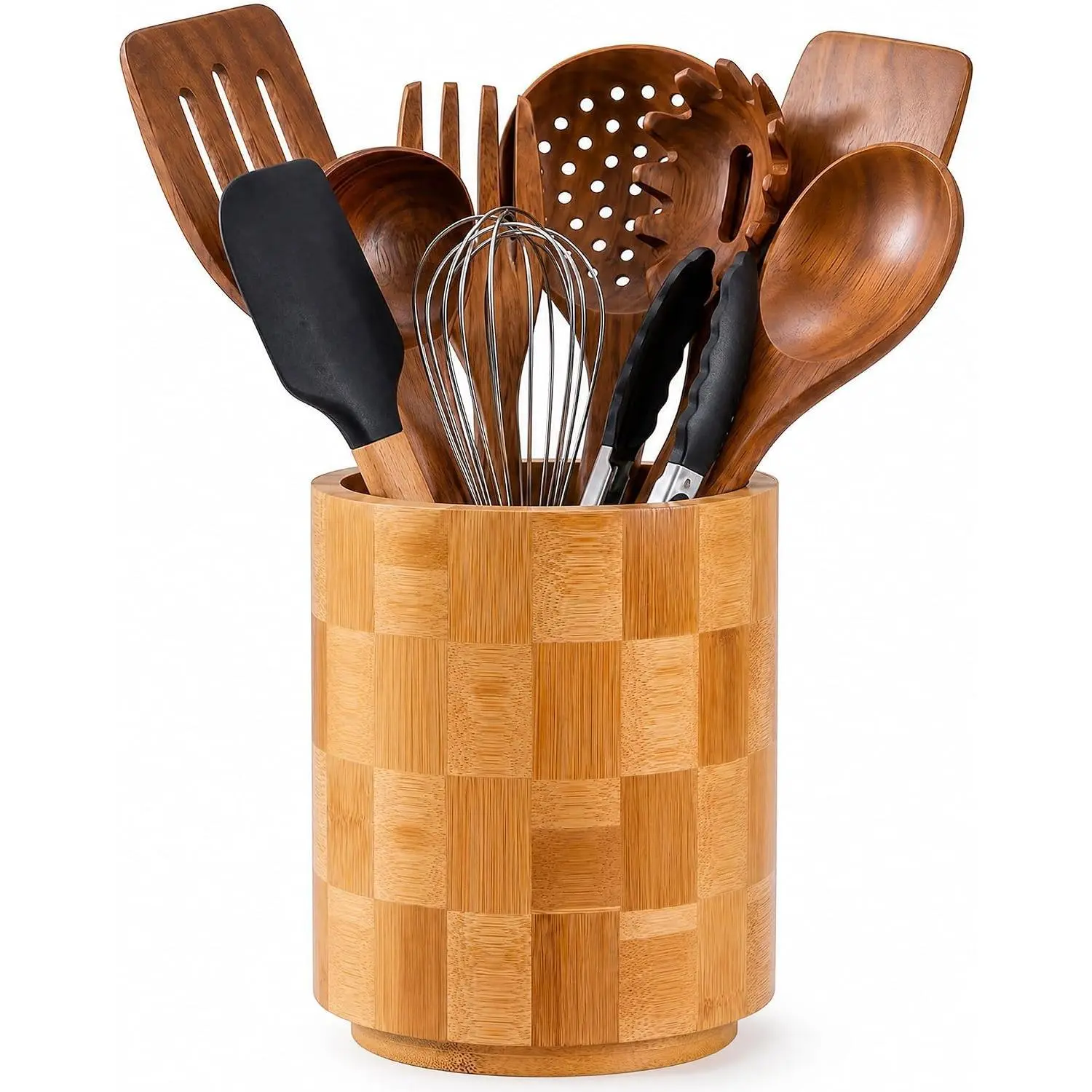 6.5" Checkered Bamboo Utensil Holder - 360° Rotating, Large Capacity Countertop Storage Organizer for Spatulas, Spoons