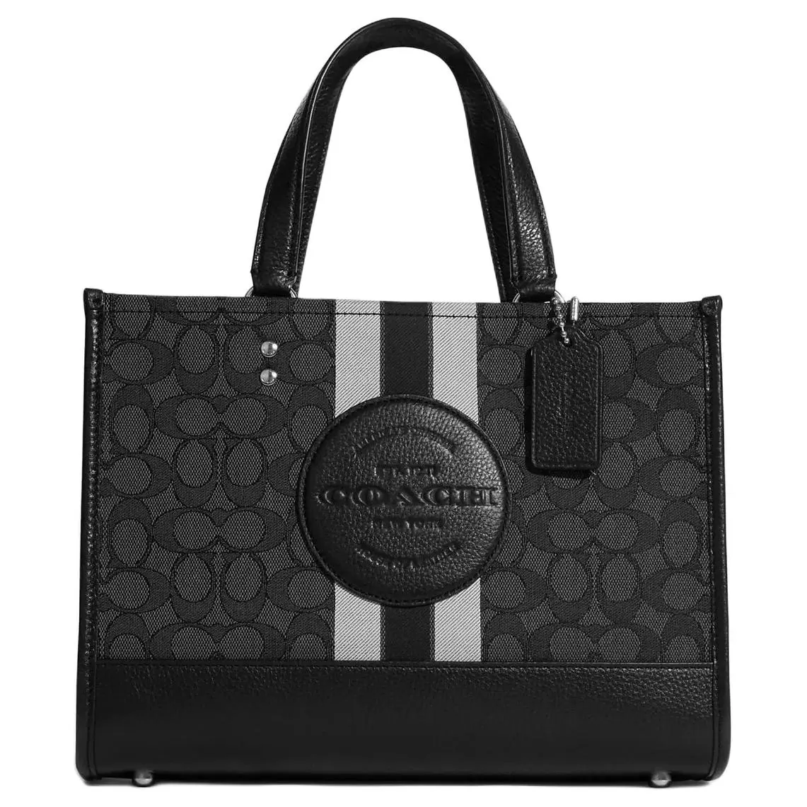 COACH Dempsey 30 Tote Bag for Women – Classic Stripe Logo Patch, Monogram Canvas and Leather, Large Black