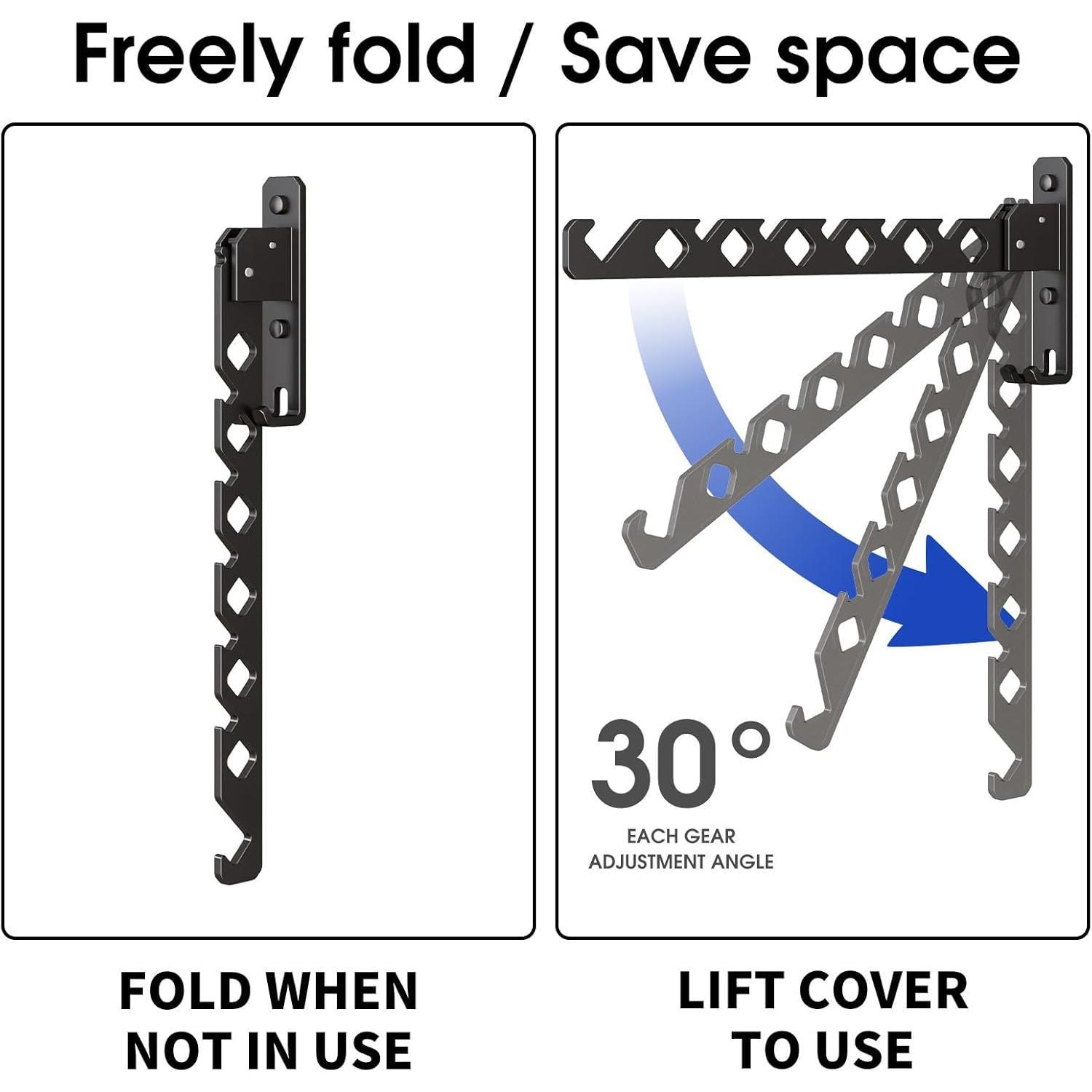 Wall Mounted Clothes Drying Rack, Wall Clothes Hanger Hook for Laundry Room, Clothes Hanger Foldable, Wall Clothes Rack Indoor,  for Small Spaces, Matte Black 2 Packs