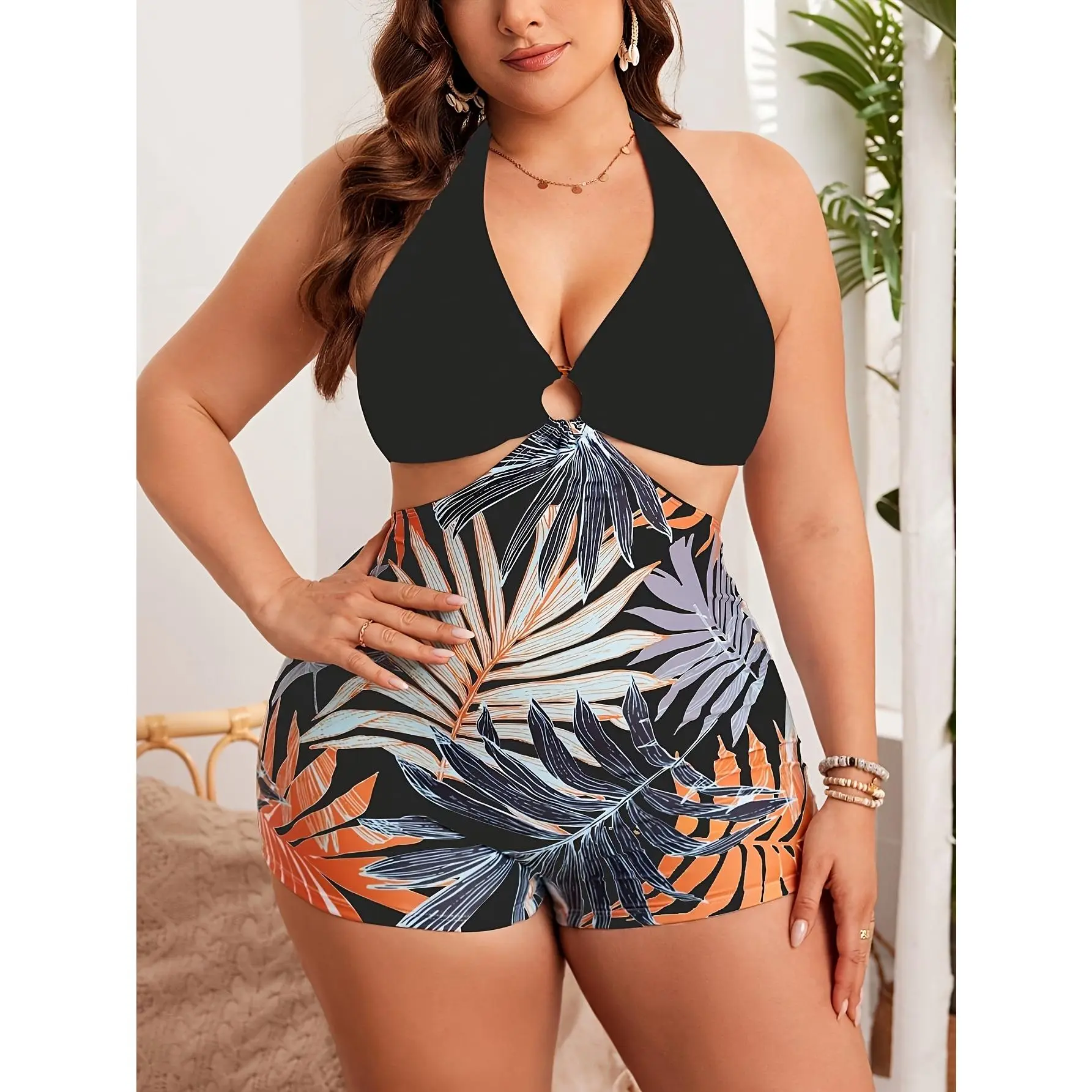 Women's Plus Size Big-Tall Swim 1-Piece Swimsuit - Stylish Halter Neck, Cut Outs, Tropical Leaf Pattern Monokini, High Waisted Swimsuits Tummy Control for Curvy Figures, Holidays